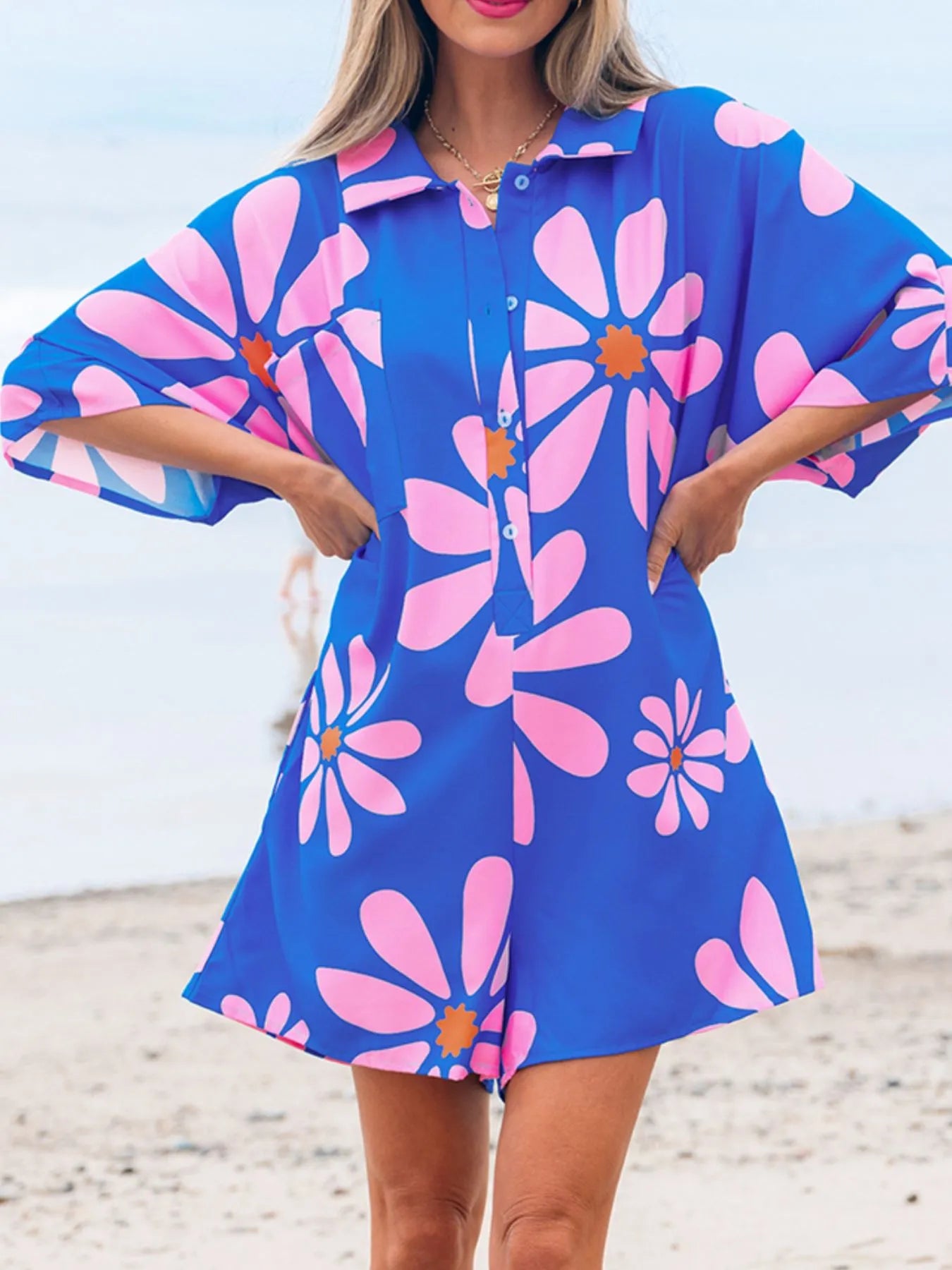 Flower Print Button Front Romper in Blue