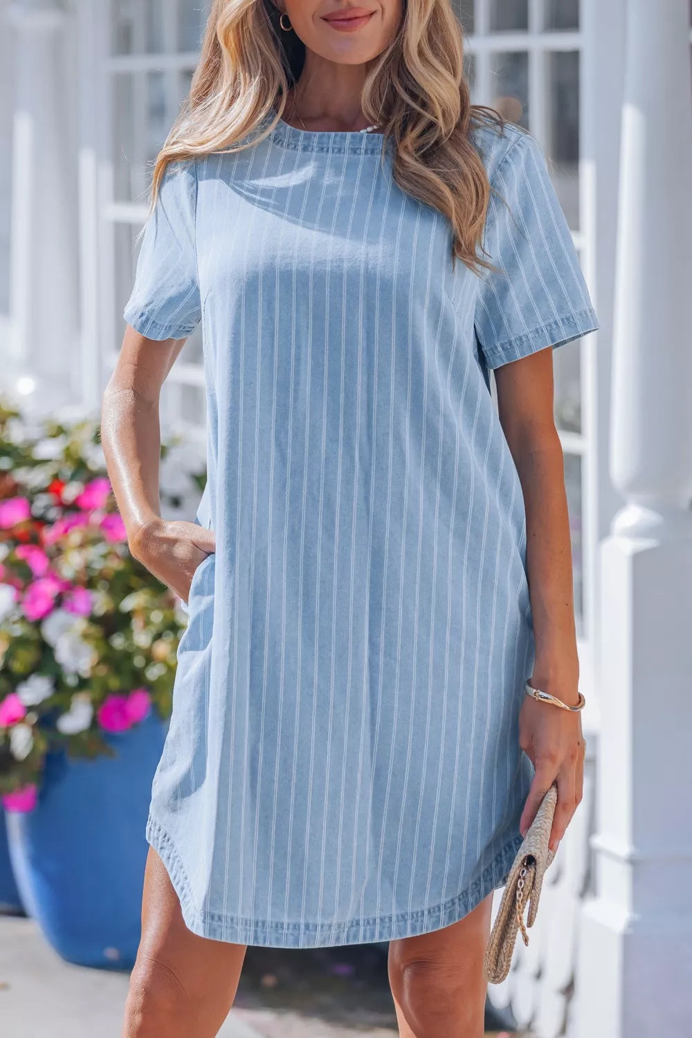 Striped Buttoned-Back Denim Mini Dress in Light Blue