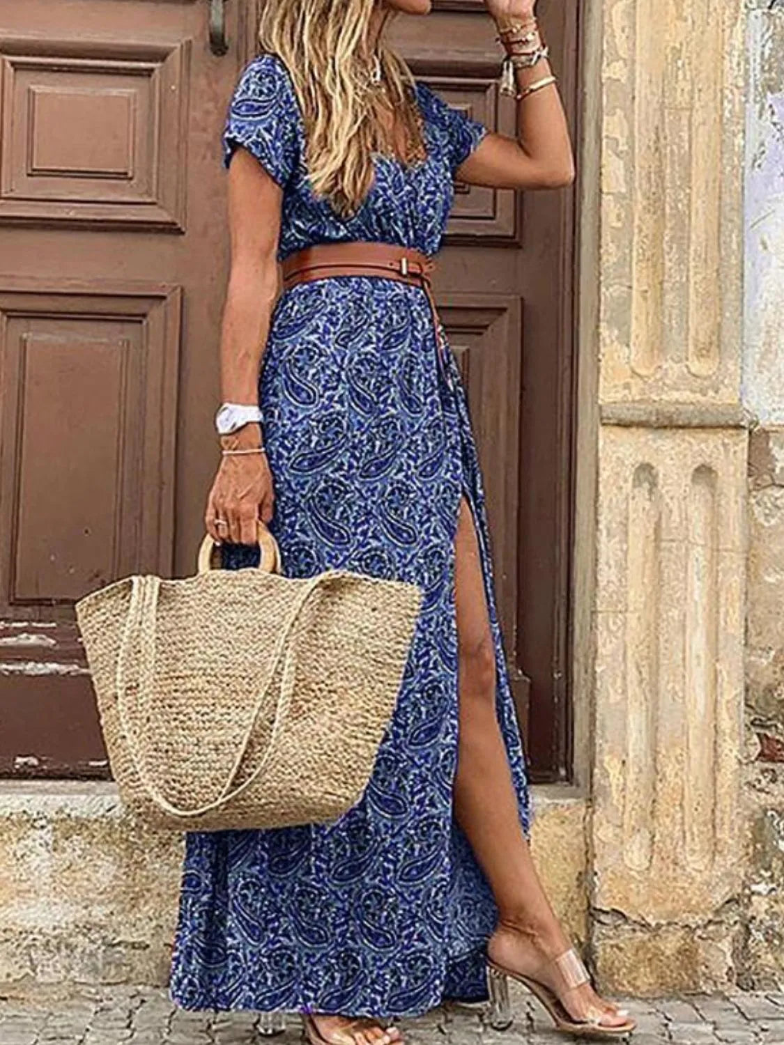 Belted V-Neck Maxi Dress with Pockets