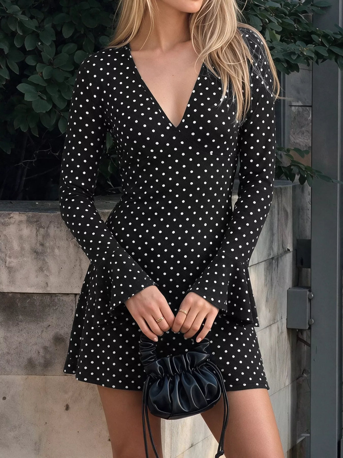 Polka Dot Long Sleeve Ruffle Hem Mini Dress in Black