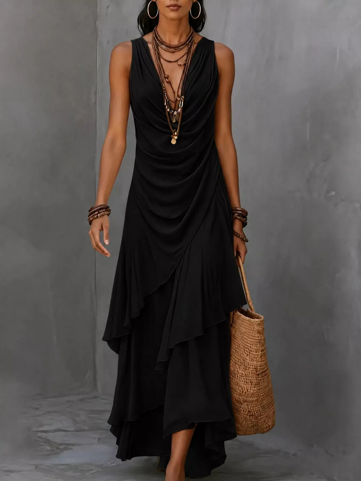 Sleeveless Layered Ruffle Hem Maxi Dress