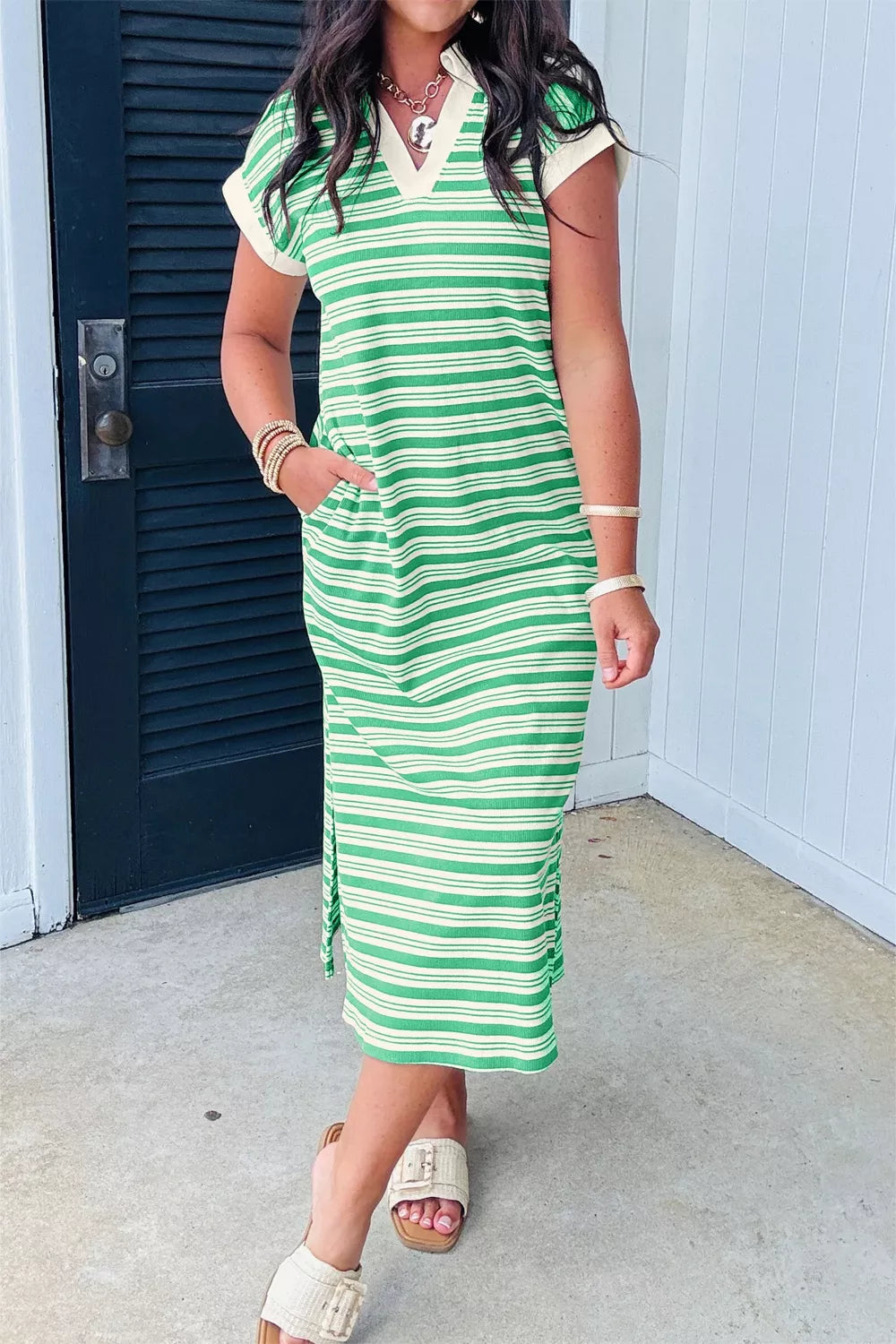 Striped Collared V-Neck Midi Dress in Light Green