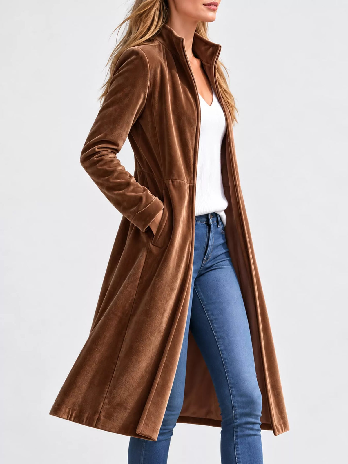 Velvet Zip-Up Longline Jacket