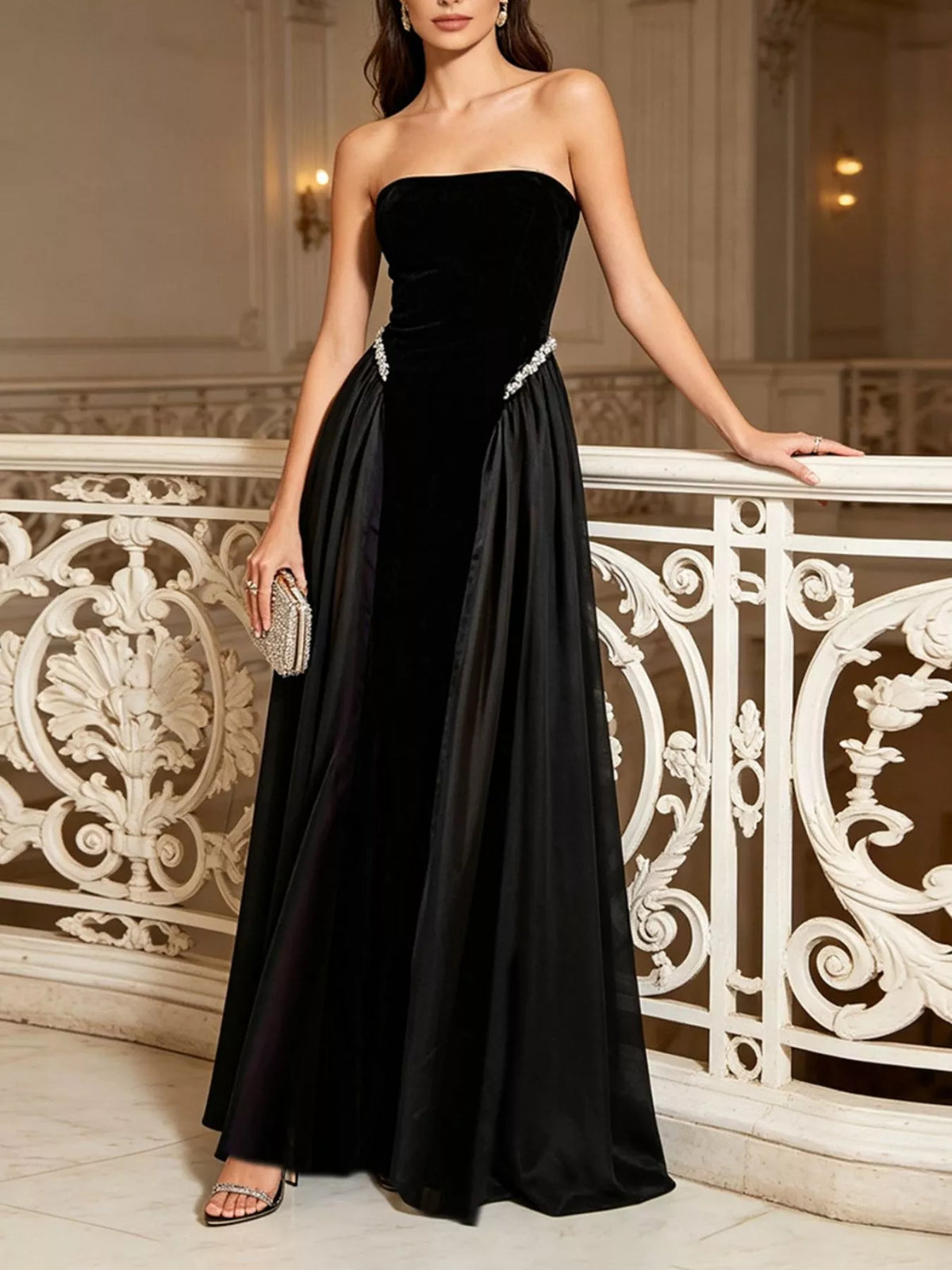Rhinestone Lace-Up Tube Maxi Dress in Black