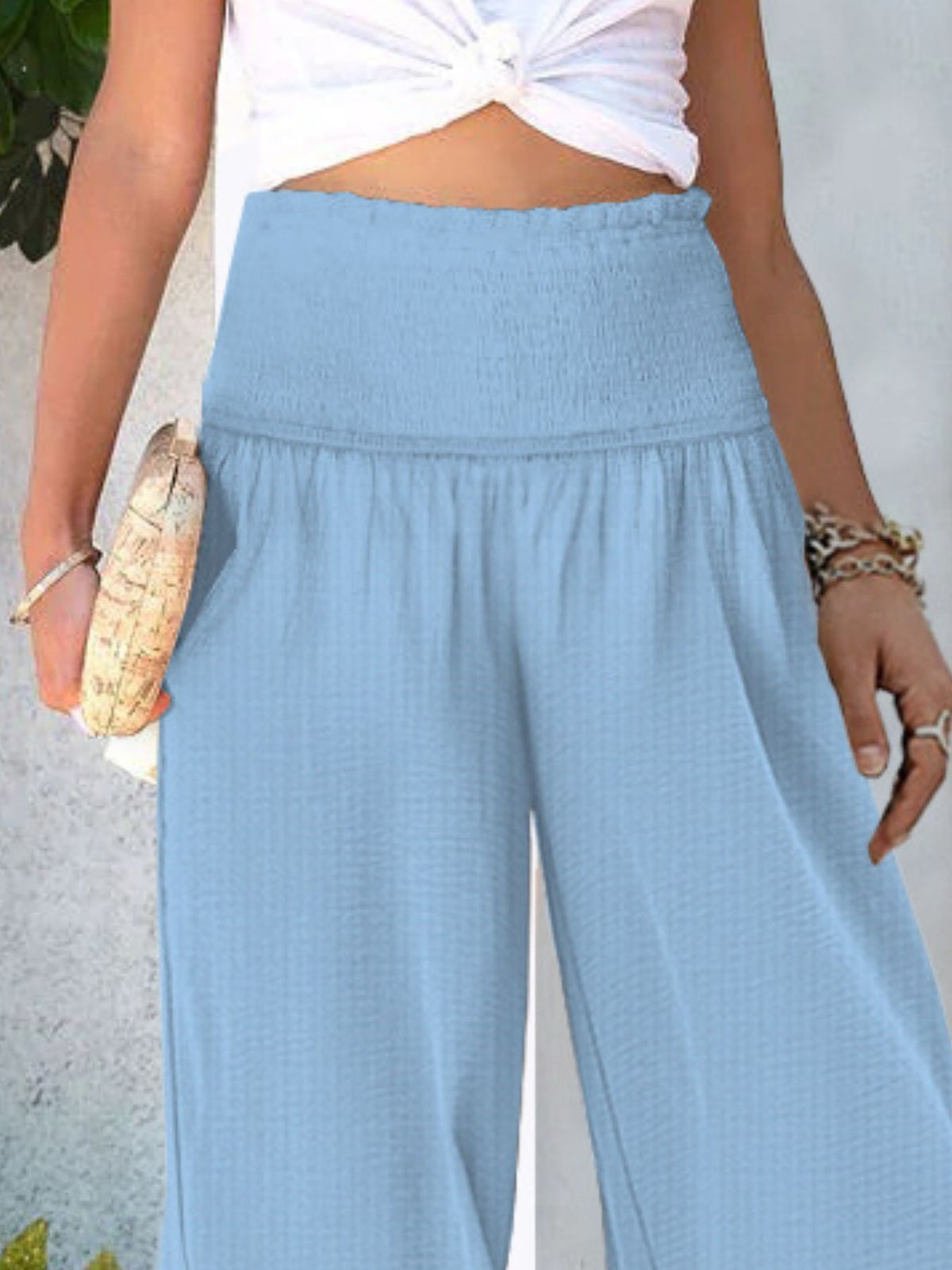 Smocked Waist Wide Leg Pants