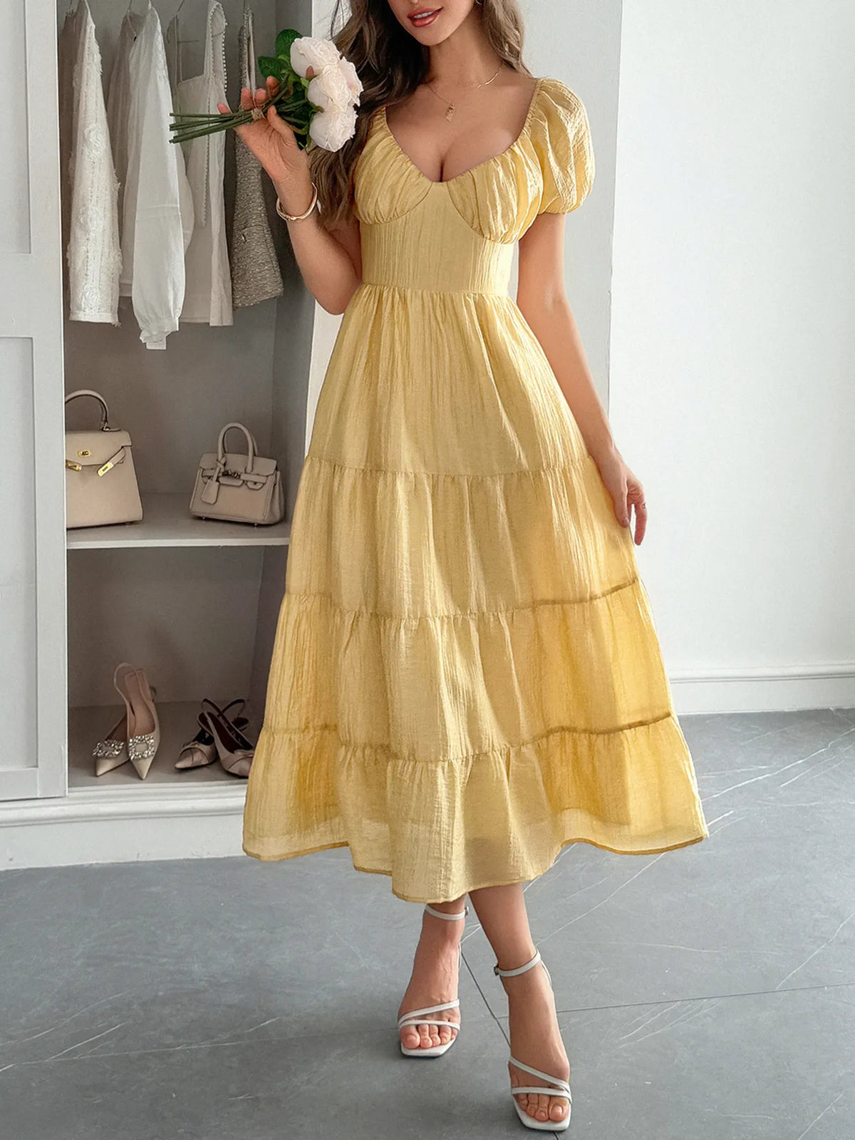 Backless V-Neck Midi Dress in Yellow
