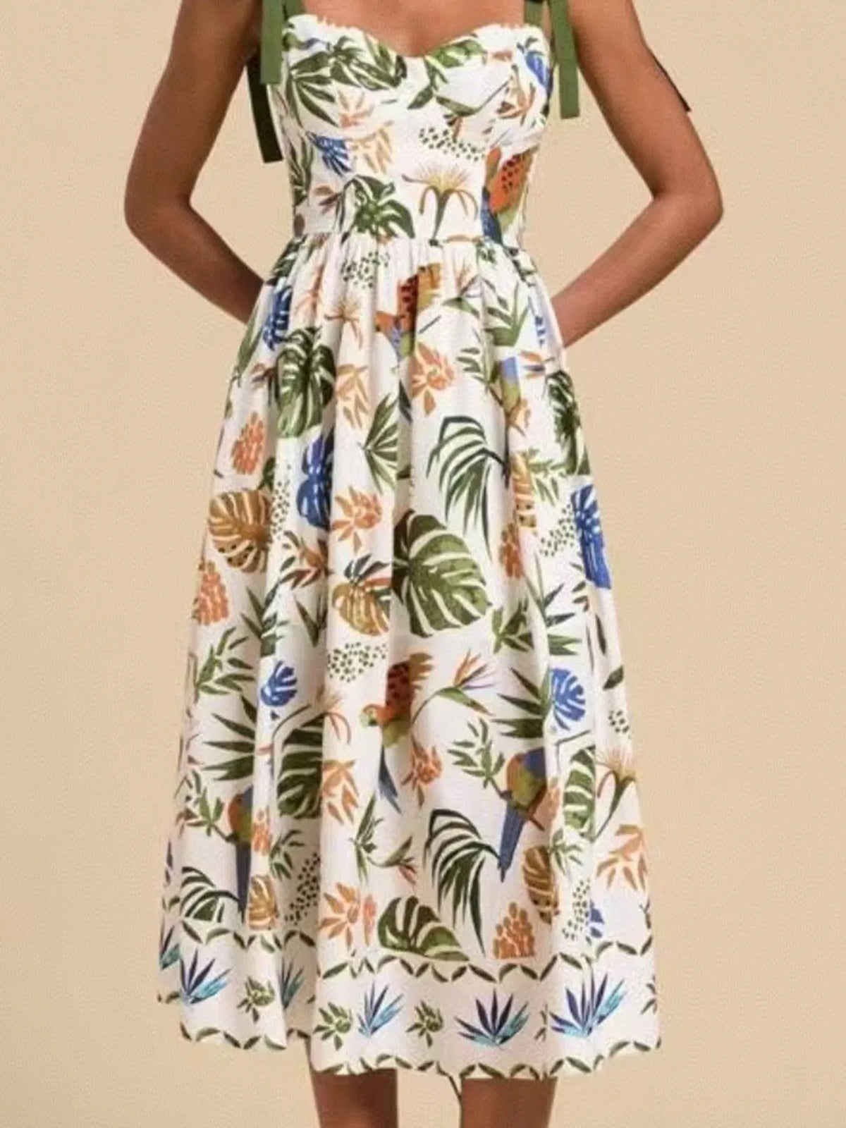 Tropical Print Tie-Shoulder Sweetheart Neck Midi Dress in Green by Rosaline