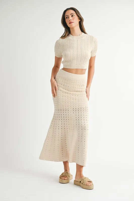 Pointelle Crop Top and Slit Skirt Set in Cream
