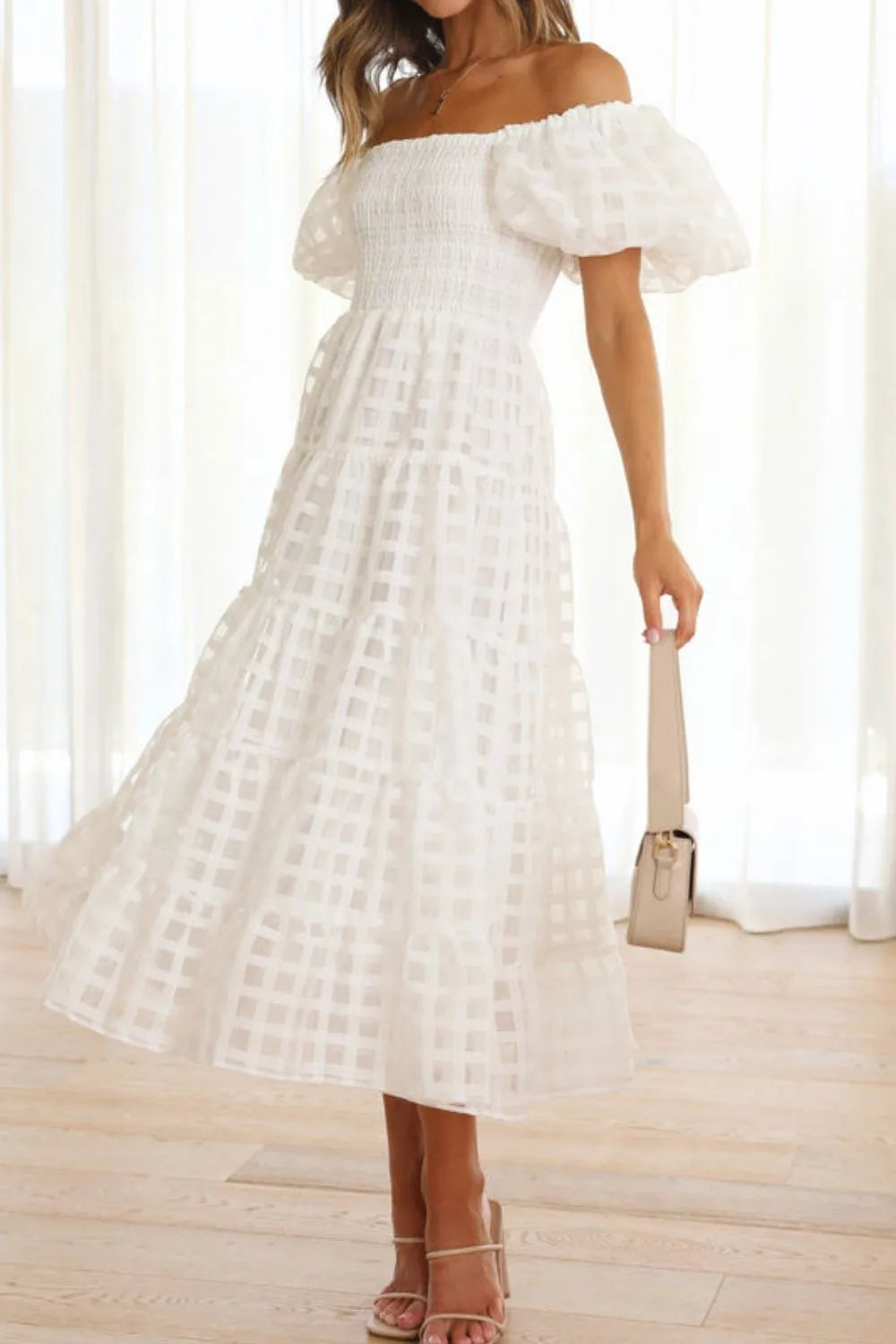 Off Shoulder Puff Sleeve Midi Dress