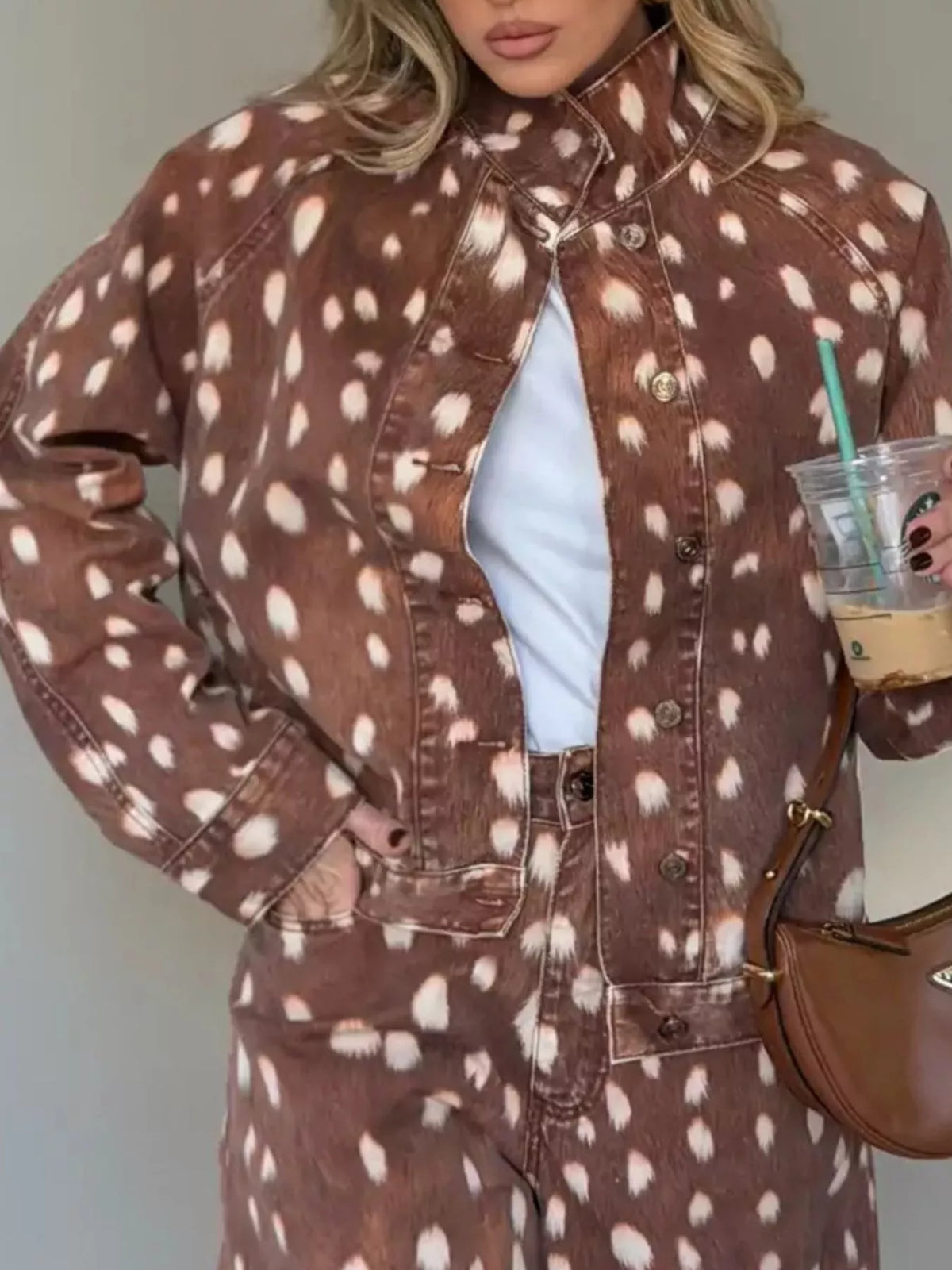Fawn-Print Button-Down Denim Jacket in Dark Brown