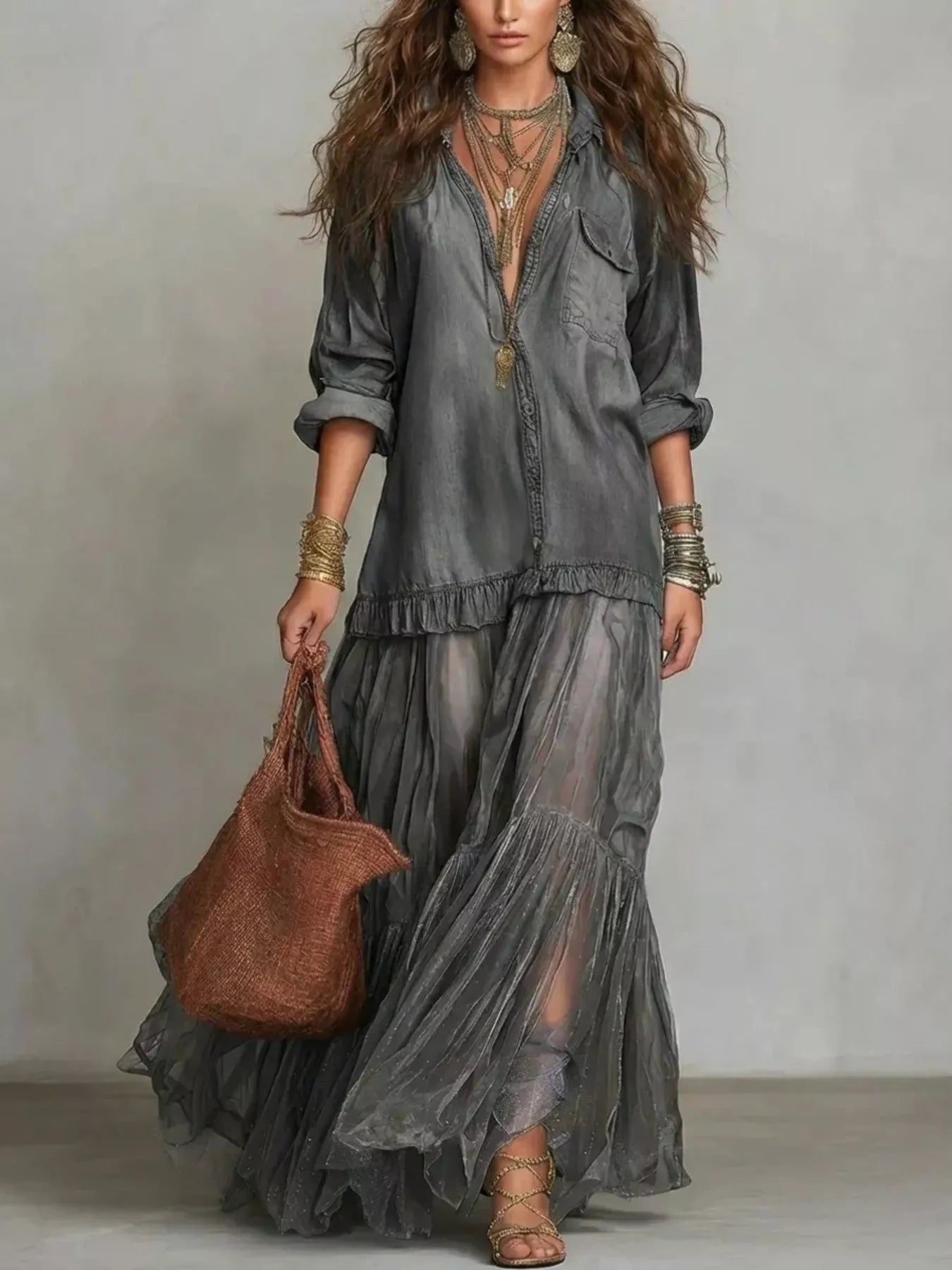 Tiered Long-Sleeve Denim Shirt Maxi Dress, Plus Size