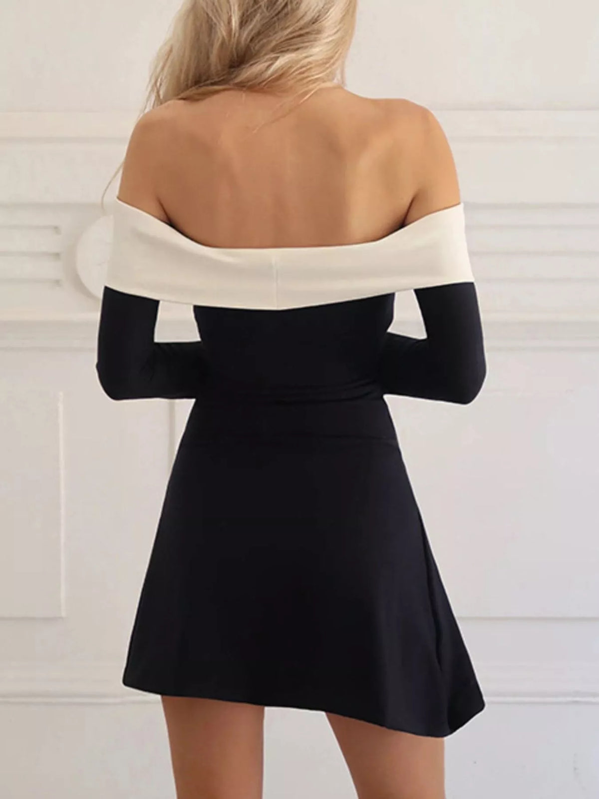 Off-Shoulder Bell Sleeve Mini Dress in Black