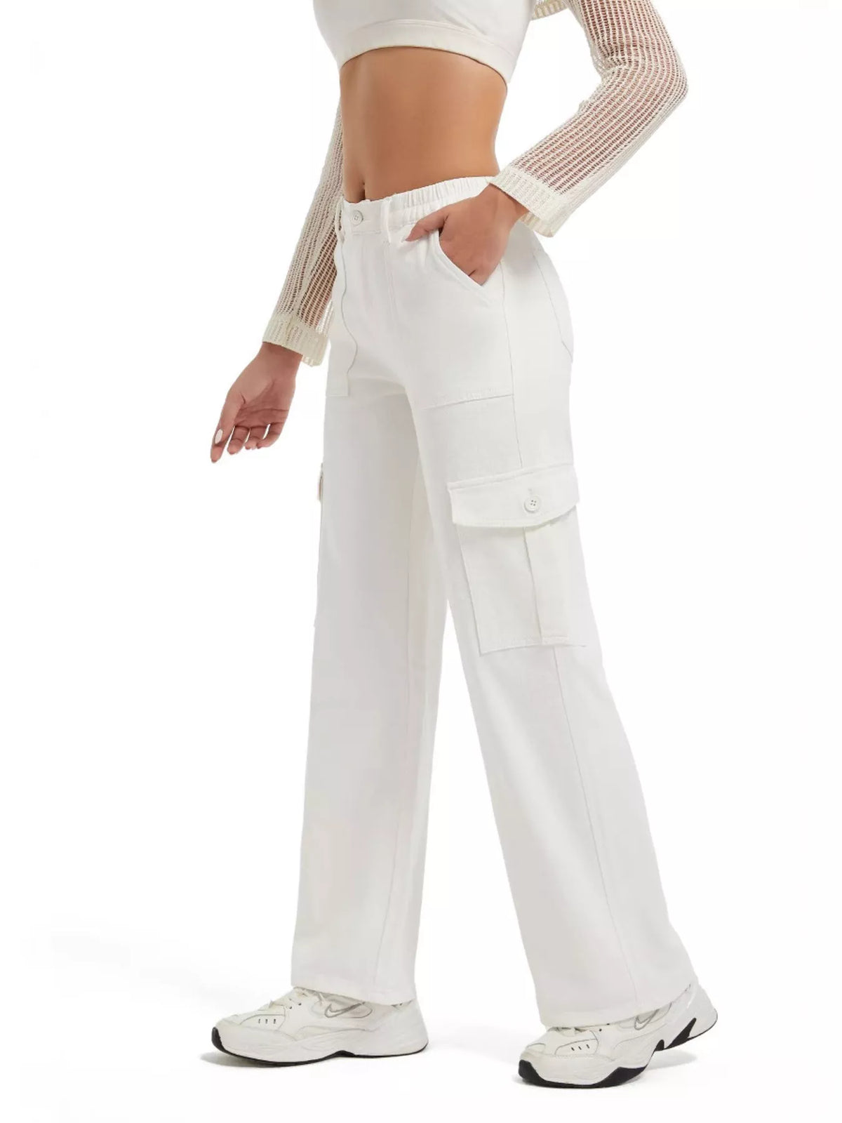 High-Waisted Cargo Jeans with Contrast Stitching