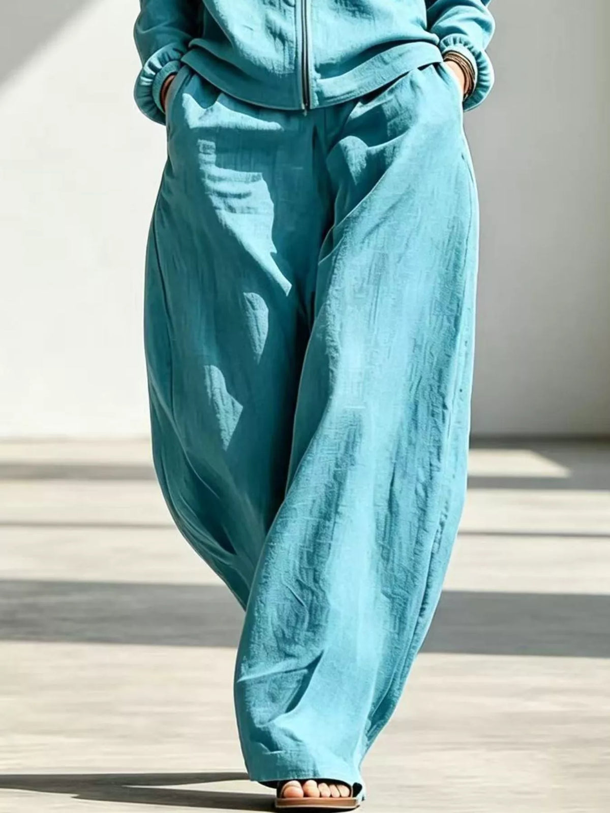 Zip-Up Jacket and Wide-Leg Pants Set in Peacock Blue