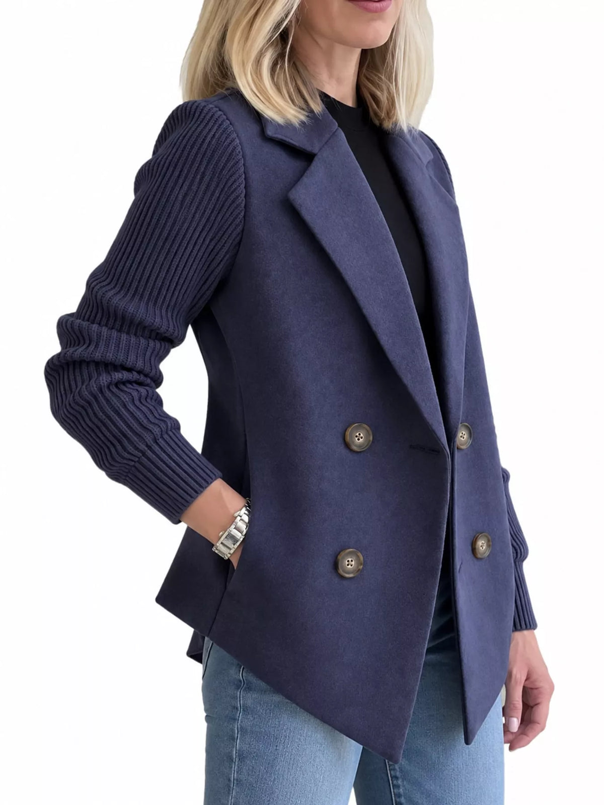 Double-Breasted Hybrid Blazer with Ribbed Knit Sleeves