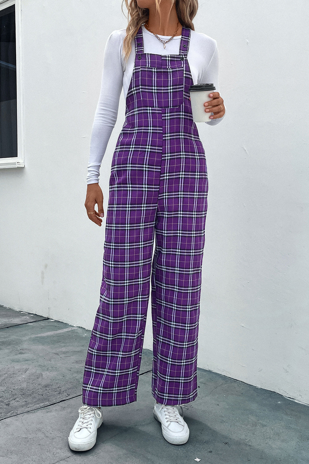 Plaid Straight Leg Overalls in Vivid Violet
