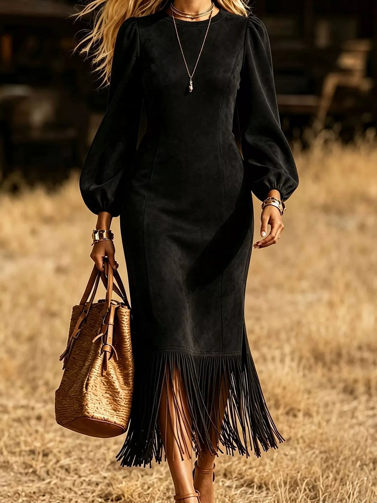 Fringe Hem Balloon Sleeve Midi Dress