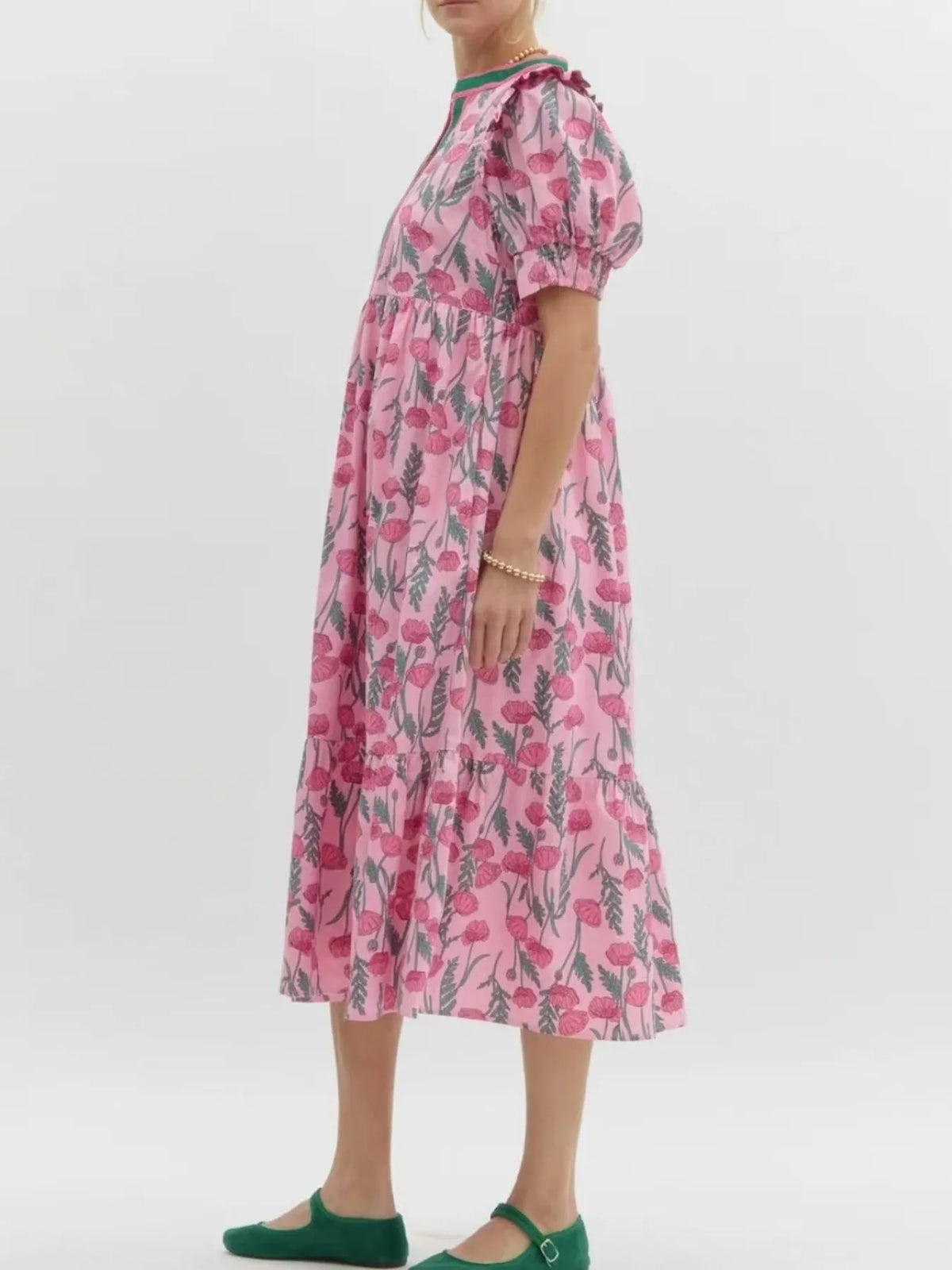 Floral Puff-Sleeve Midi Dress in Pink by Rosaline