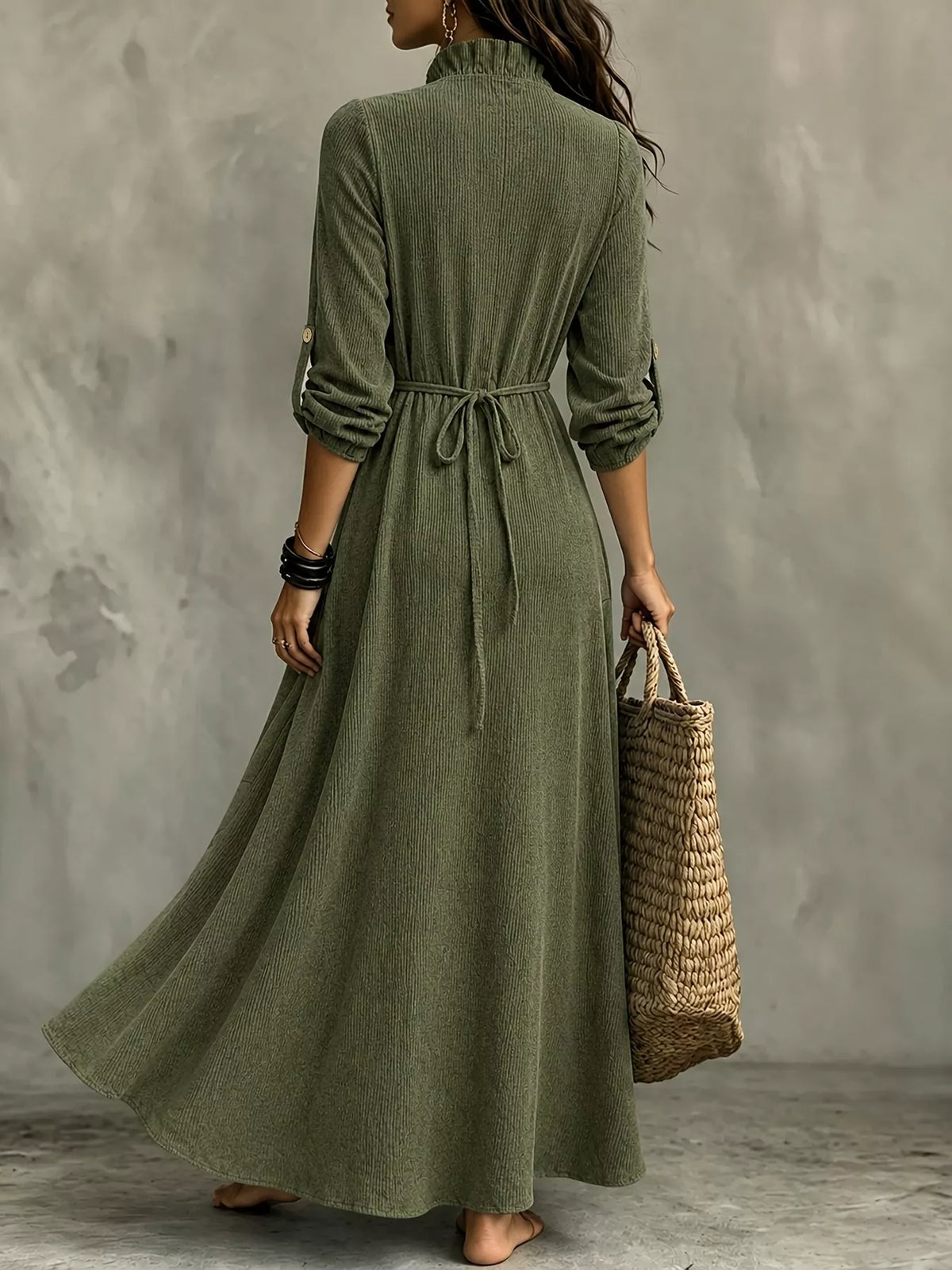 V-Neck Ruffled Maxi Dress with Roll-Up Sleeves