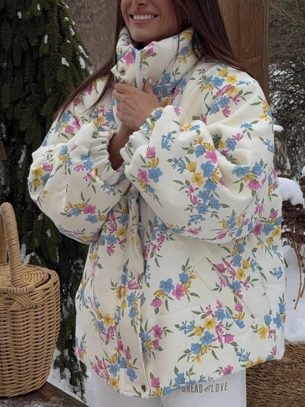 Floral Print Puffer Jacket in White by Prisca