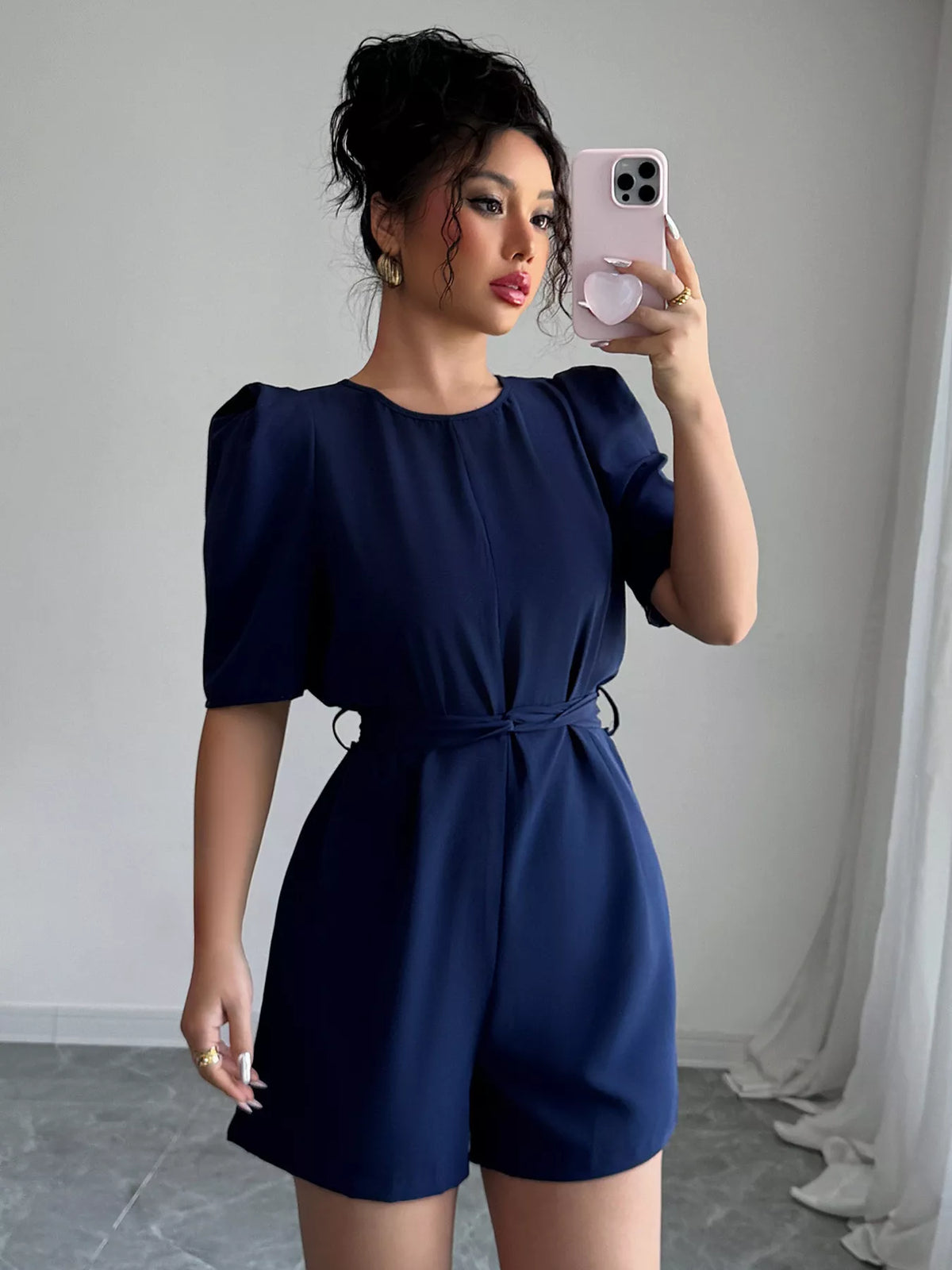 Tie Waist Short Sleeve Romper in Navy