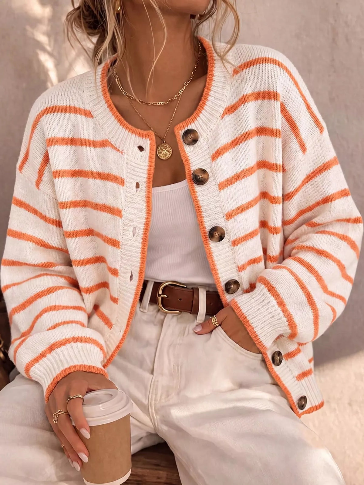 Striped Button-Front Knit Cardigan