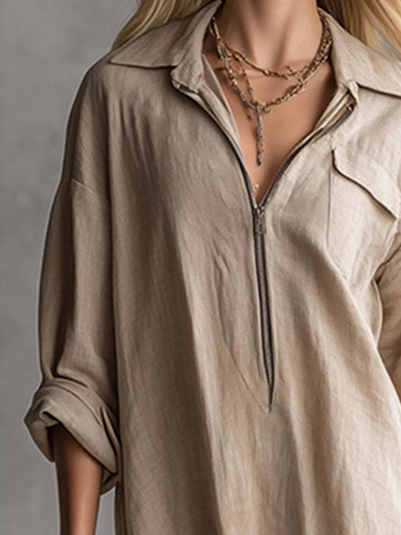 Fringe Hem Zip-Front Shirt Dress
