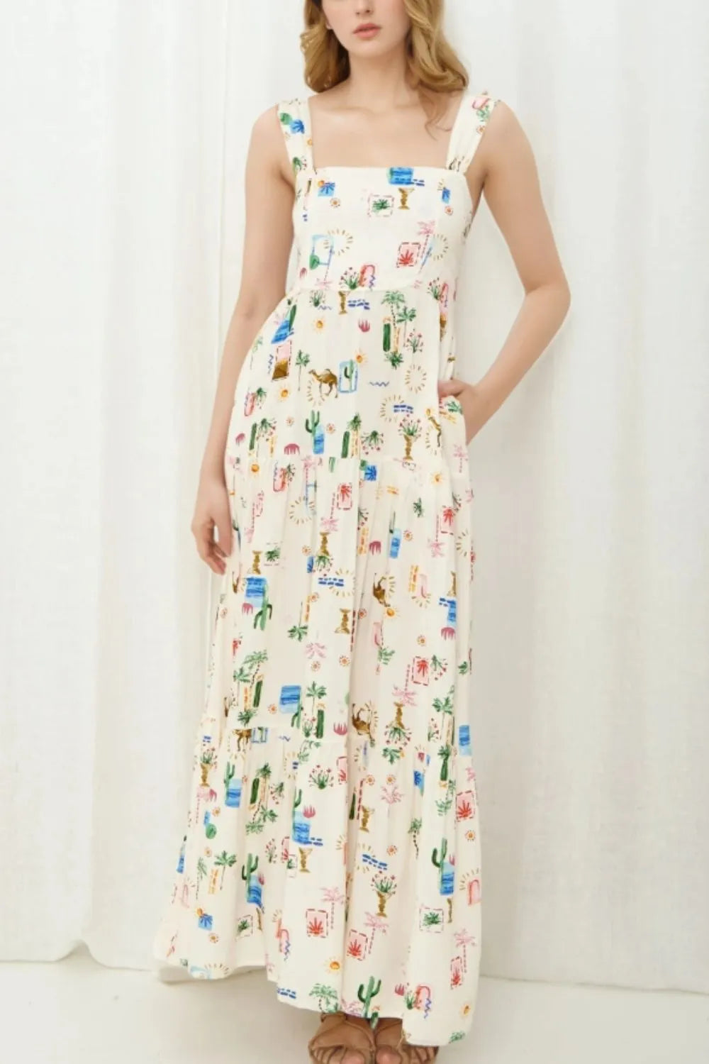 Printed Square Neck Wide Strap Maxi Dress by Shenori