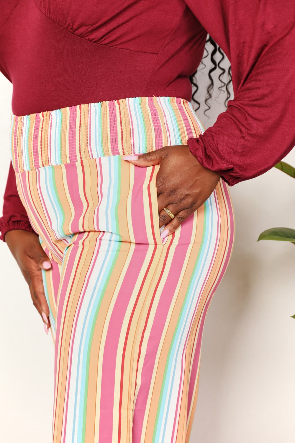 Double Take Striped Smocked Waist Pants with Pockets in Multicolor