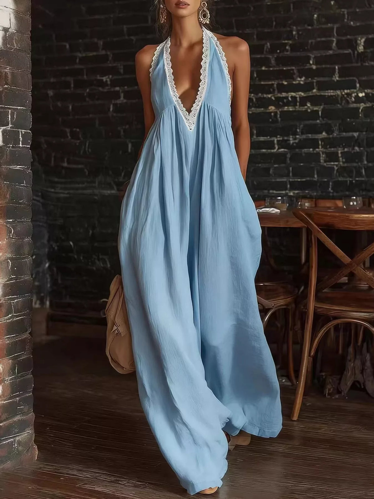 Halter Neck Lace-Trim Wide-Leg Jumpsuit