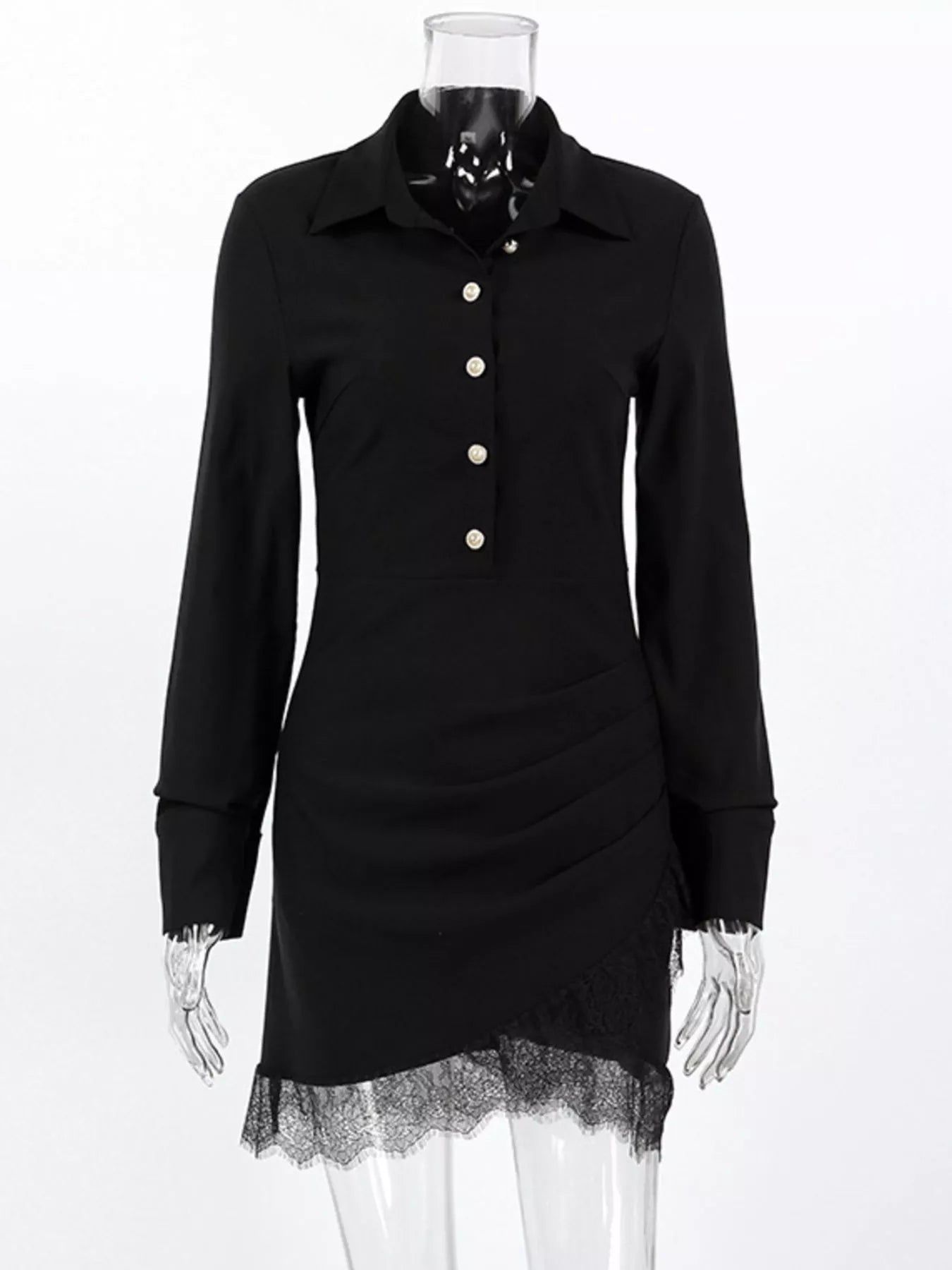 Long Sleeve Shirt Dress with Lace Hem in Black