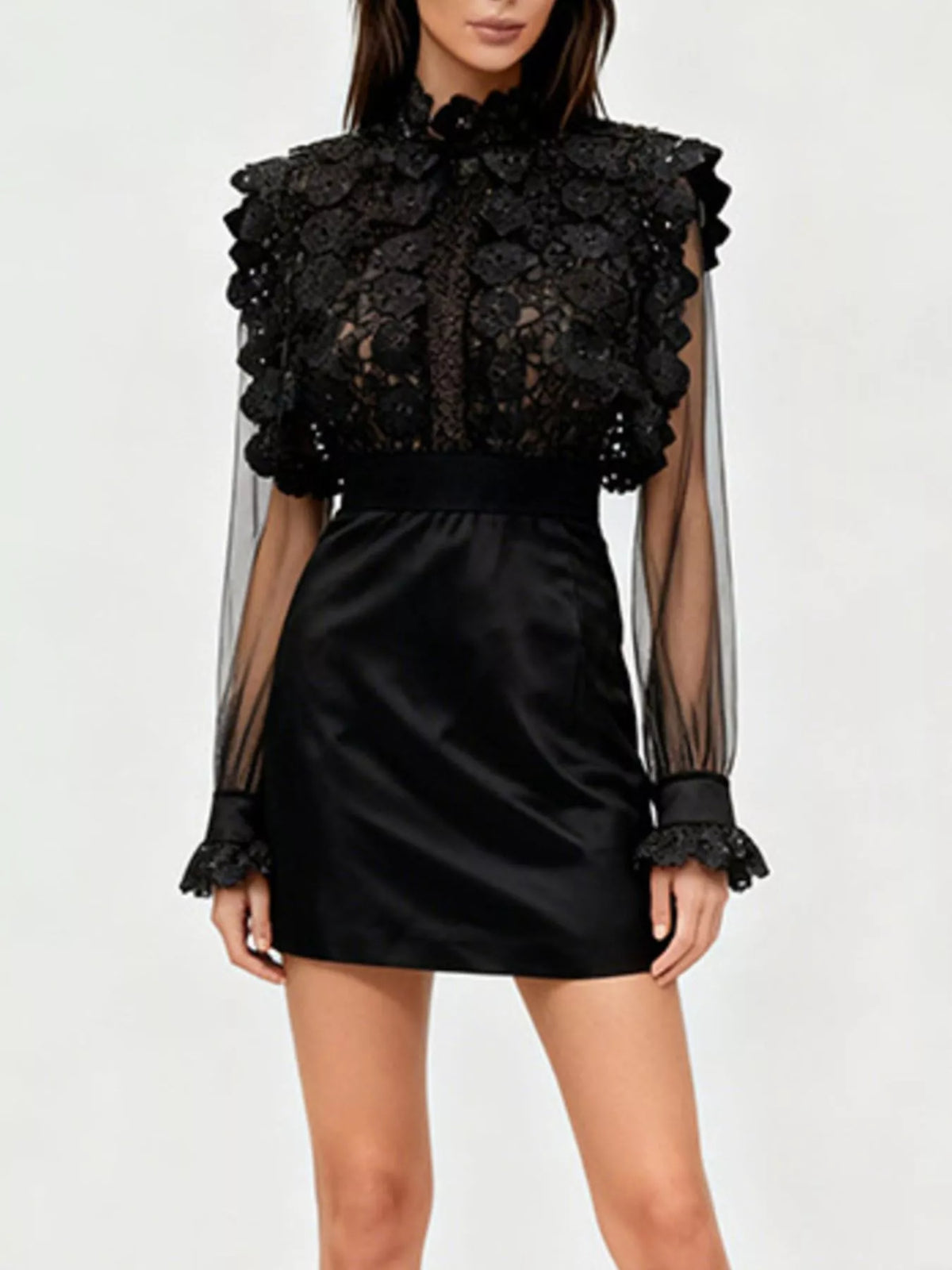 Lace Sheer Sleeve Mini Dress in Black