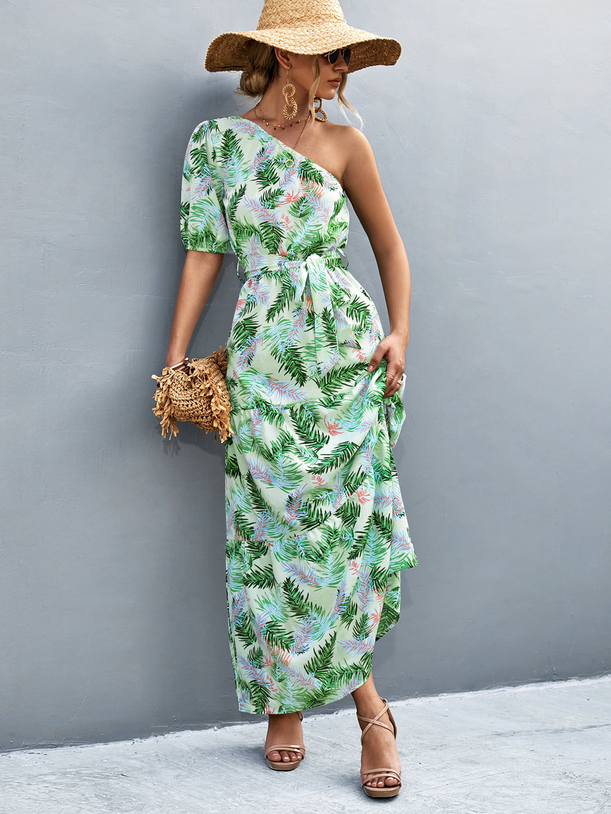 One-Shoulder Tie-Waist Maxi Dress