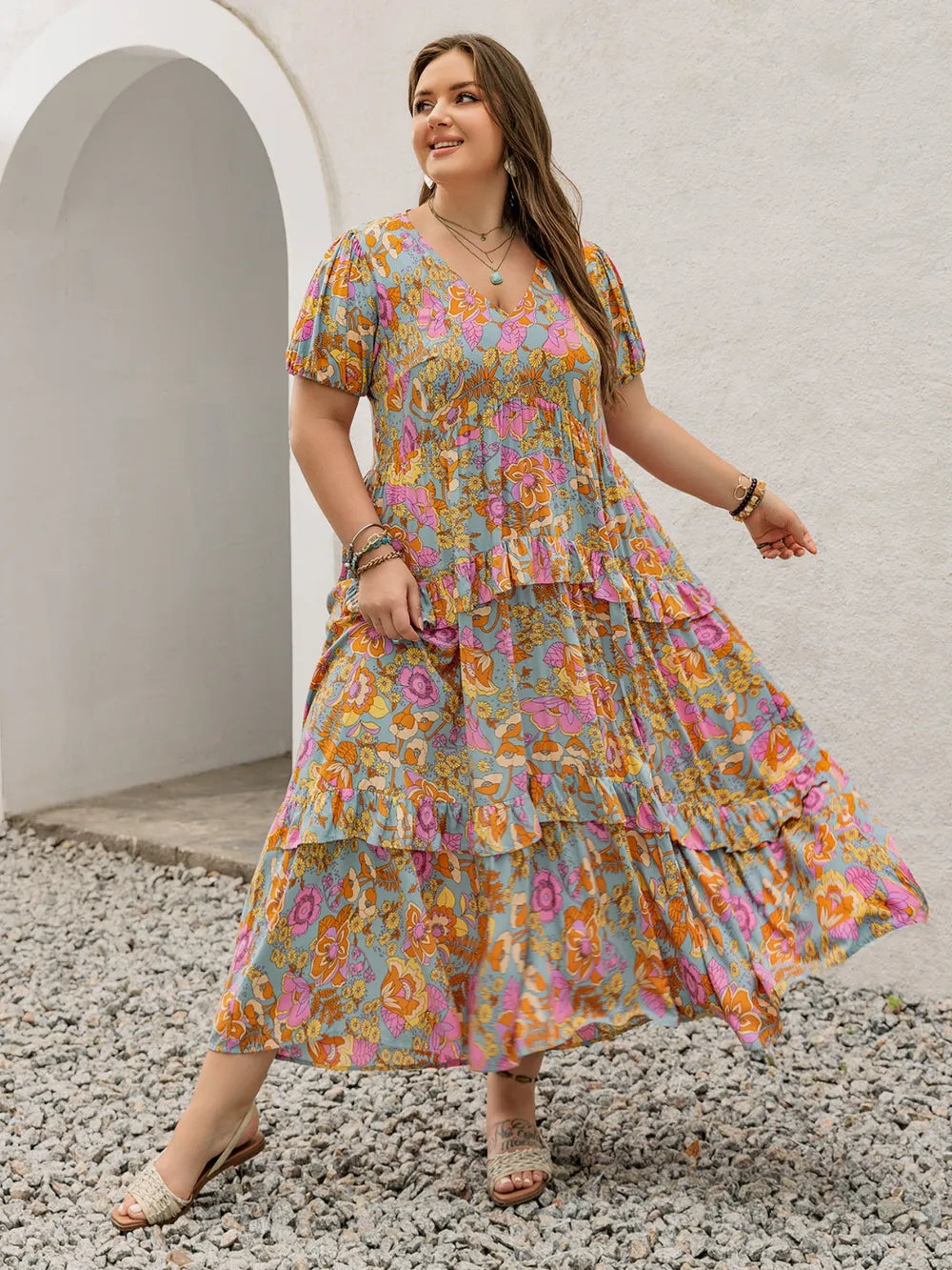 Printed V-Neck Short Sleeve Maxi Dress in Multicolor