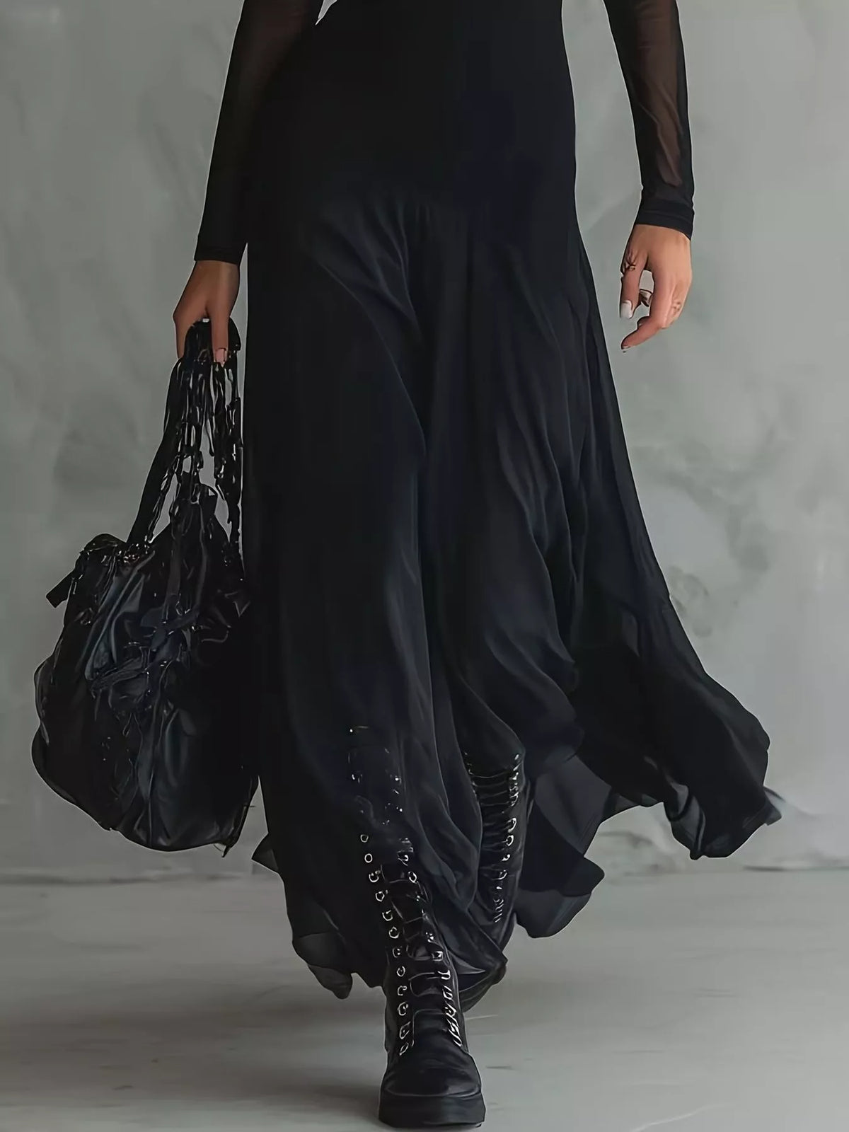Sheer Mesh Long-Sleeve Maxi Dress in Black