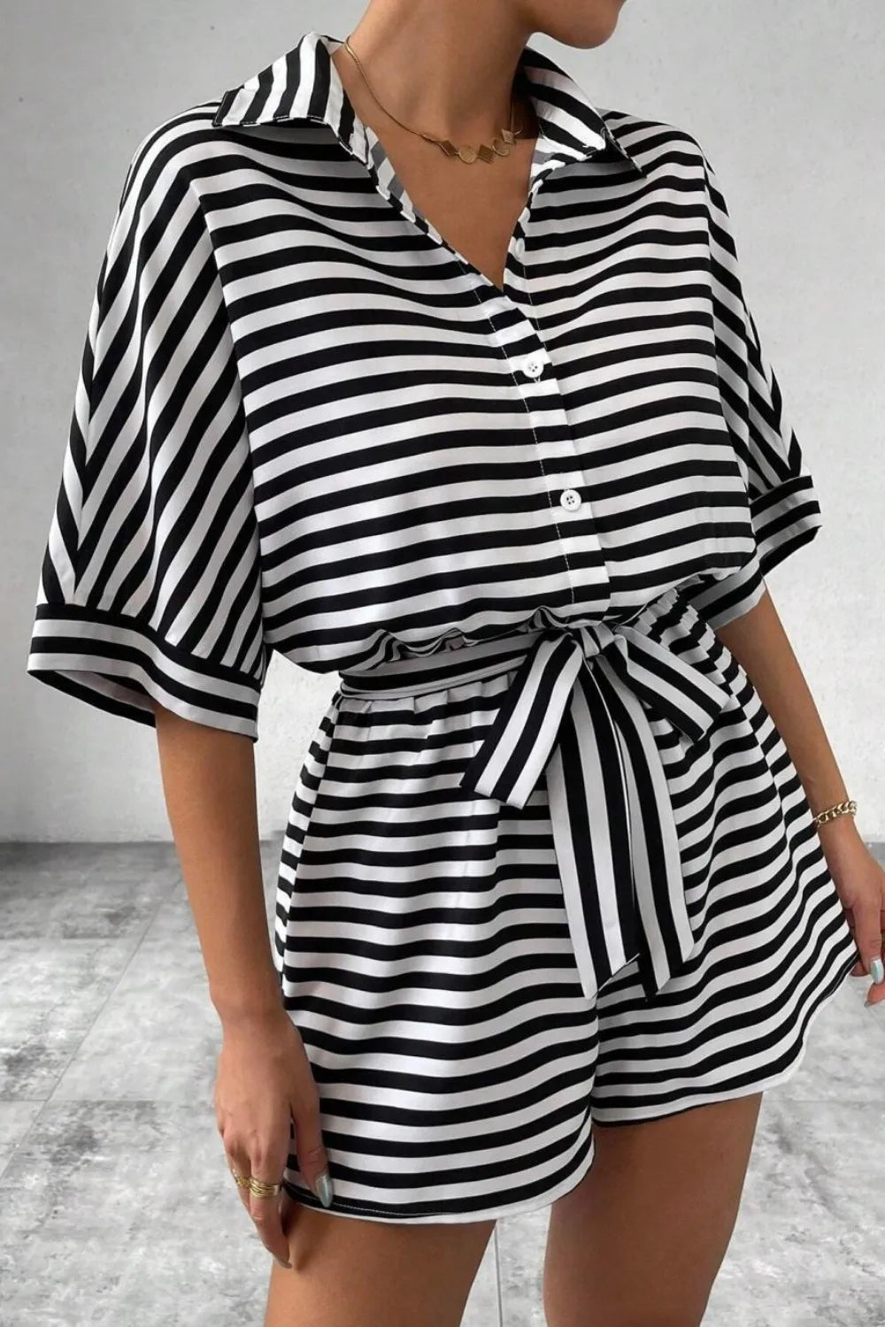 Striped Collared Tie Waist Romper