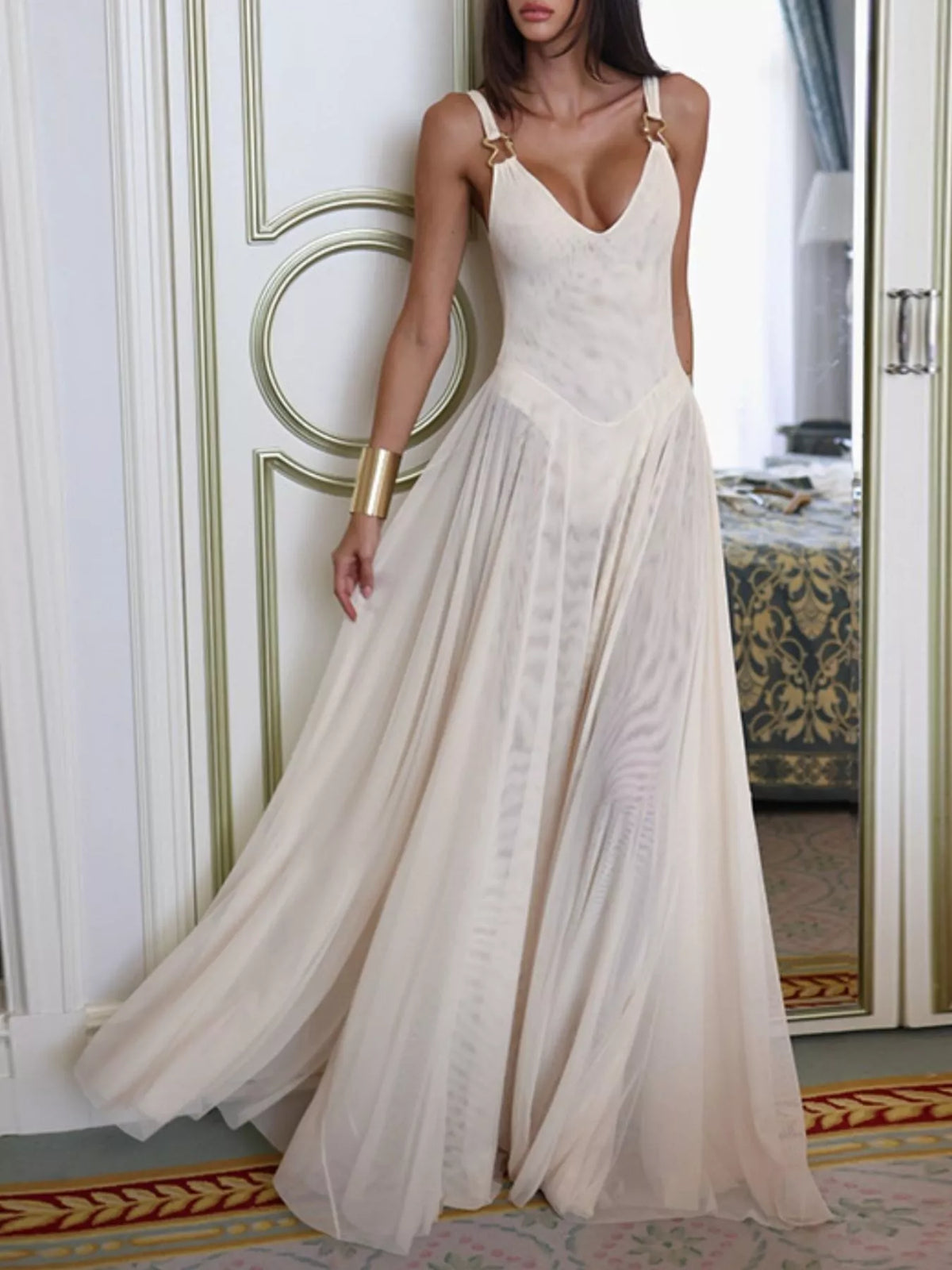 Sleeveless Sheer Maxi Dress with Gold Hardware Detail