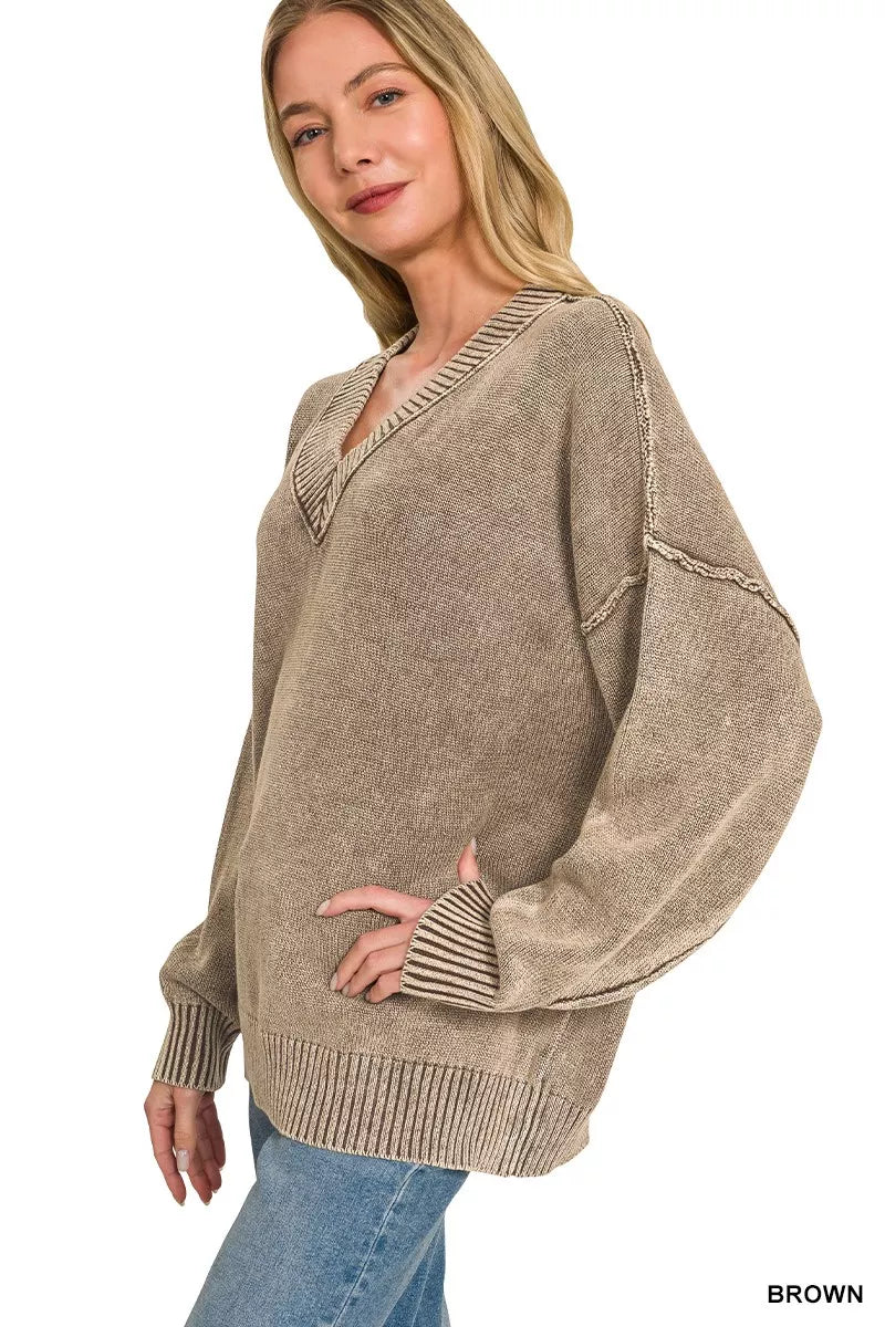 Zenana Washed Deep V-Neck Oversized Sweater in Brown