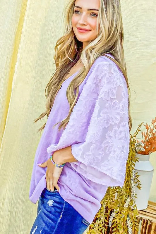 And The Why Feather-Detail Slub Top in Lilac