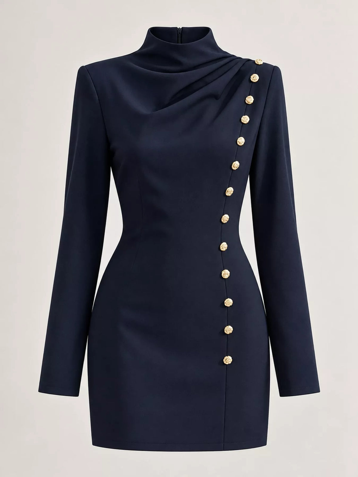 Decorative Button Mock Neck Mini Dress