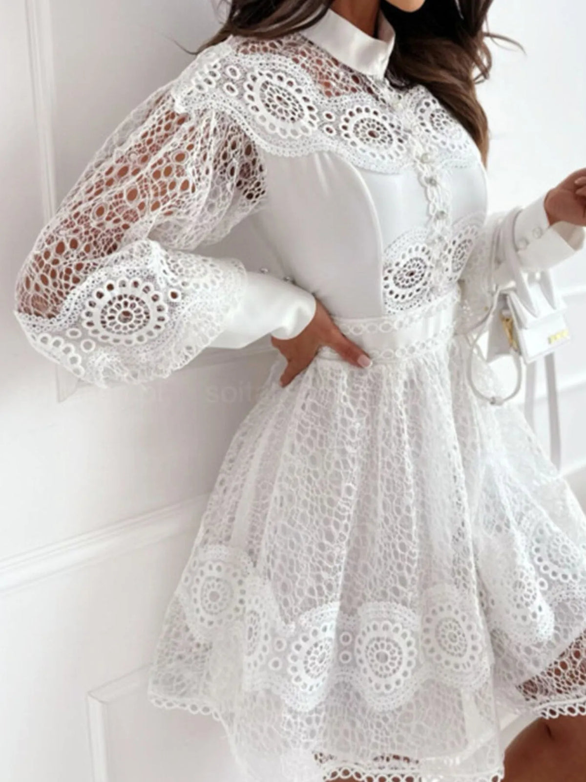 Lace Lantern Sleeve Mini Dress