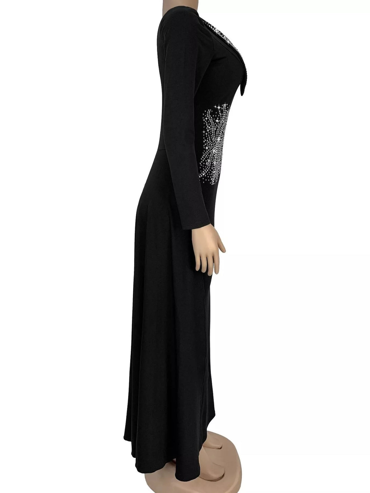One Shoulder Rhinestone Maxi Dress in Black