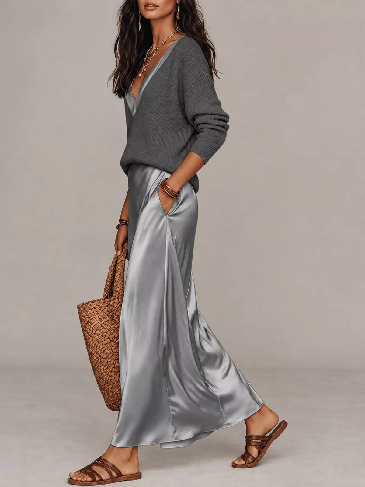 V-Neck Top and Satin Midi Skirt Set