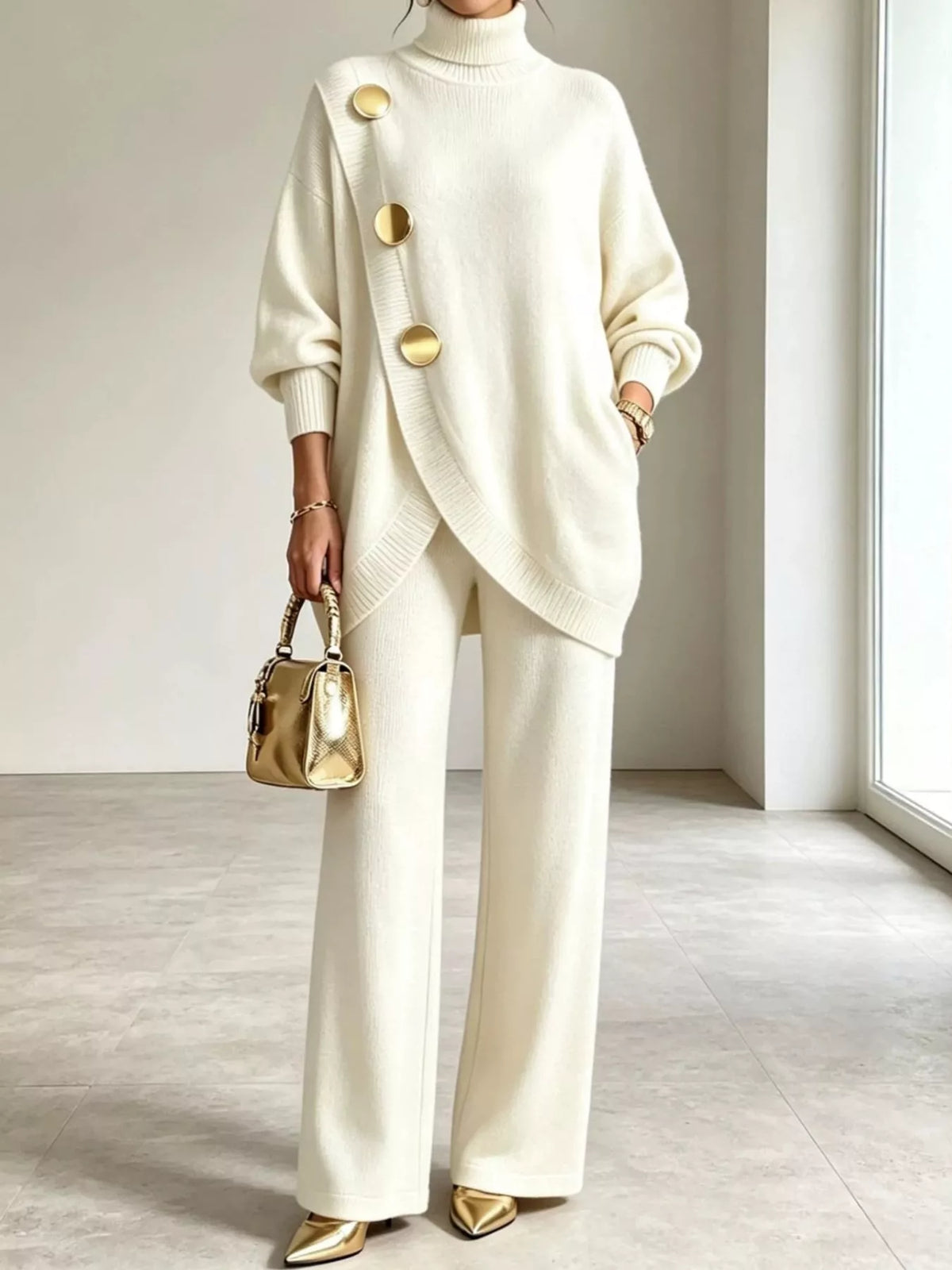 Ribbed Turtleneck Top and Pants Sweater Set