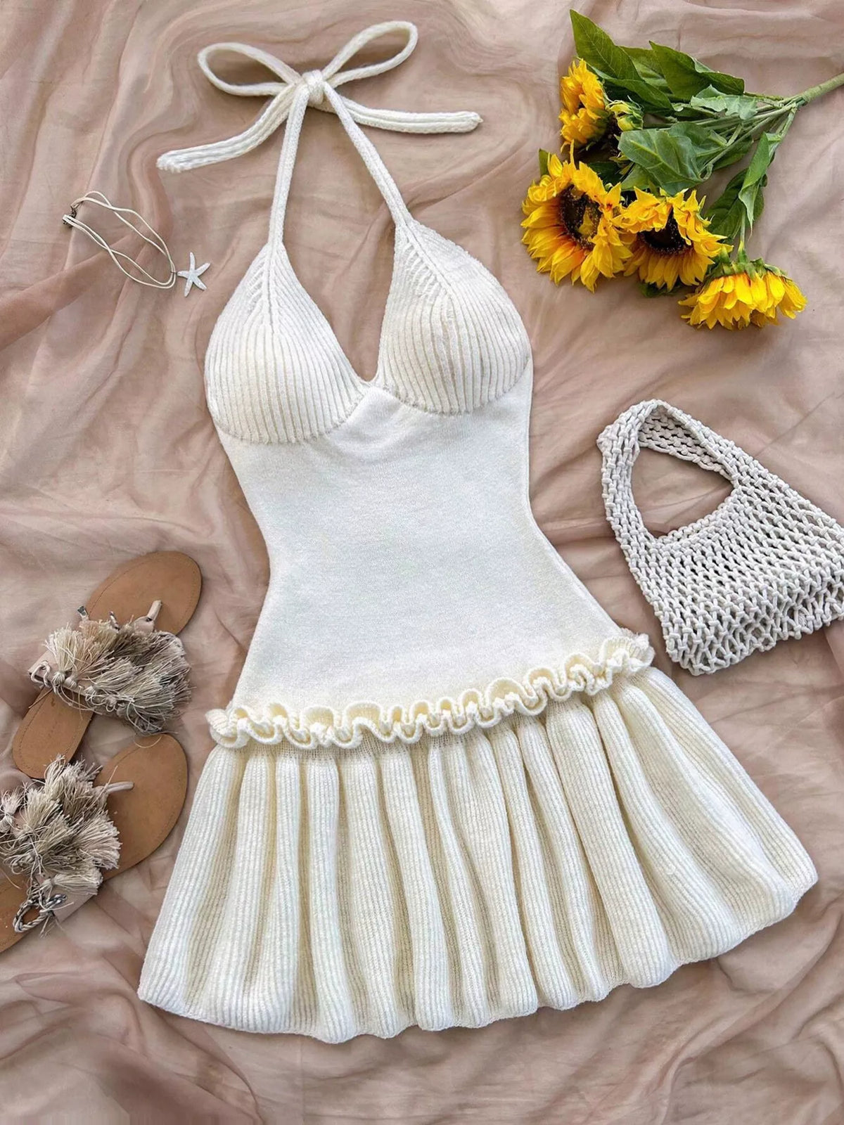 Halter Neck Ruffle Hem Knit Sweater Dress in White
