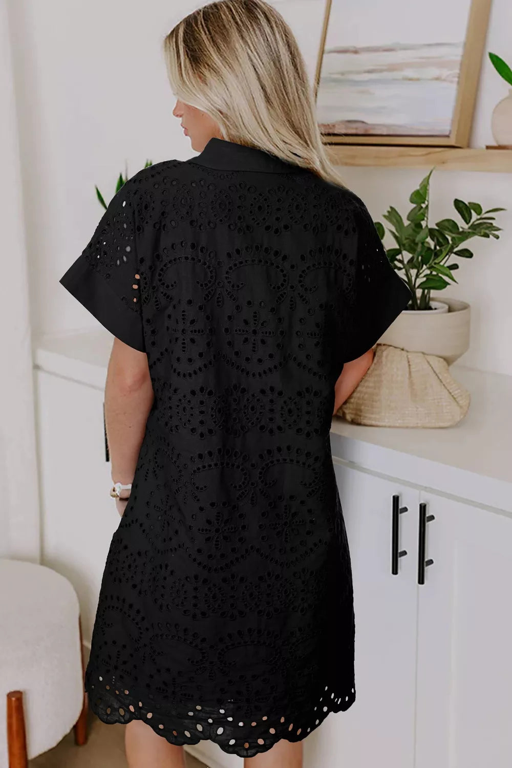 Eyelet Trim Short Sleeve Dress in Black