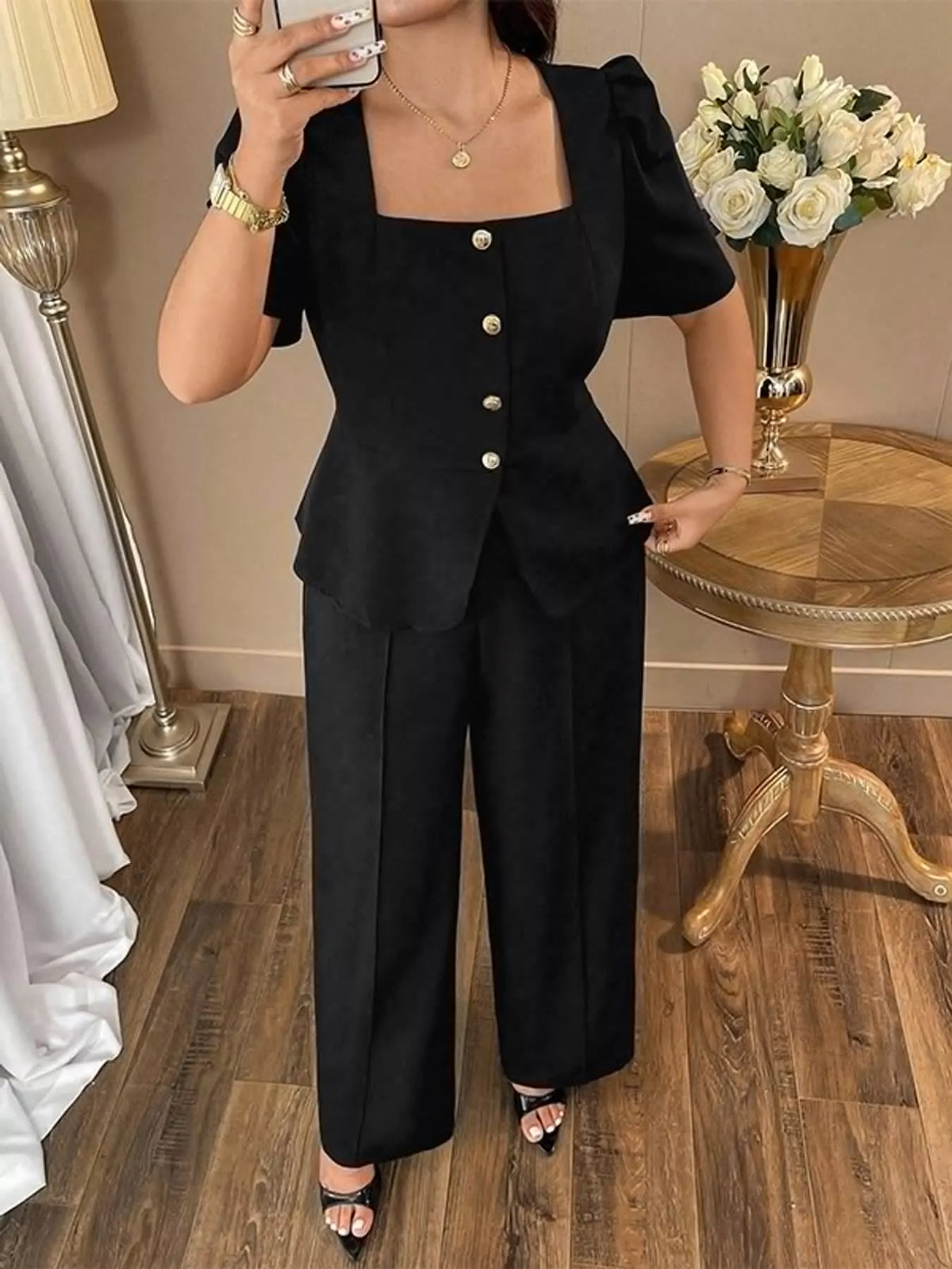 Peplum Top and Wide-Leg Pants Two-Piece Set