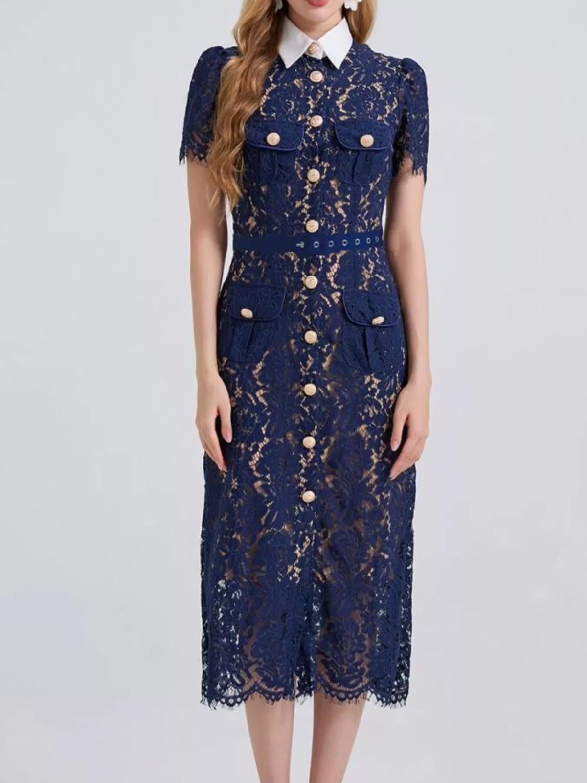 Lace Button-Down Midi Dress in Blue