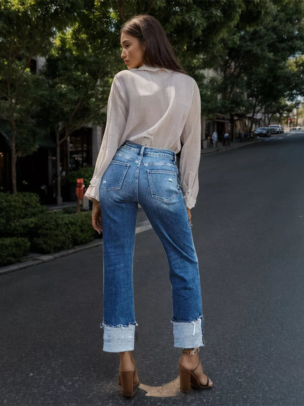 Stepped Waist Raw Hem Jeans in Medium Wash by Y.Y@Denim