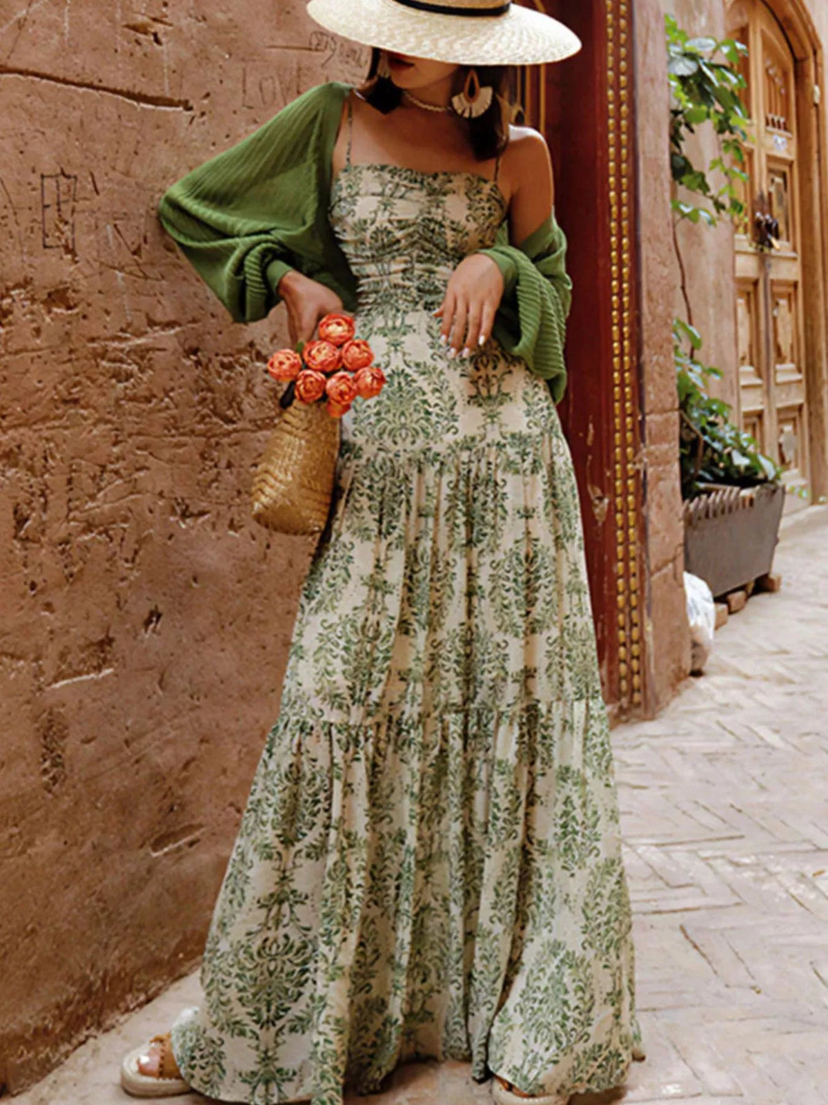 Tiered Cutout Back Maxi Dress in Sage